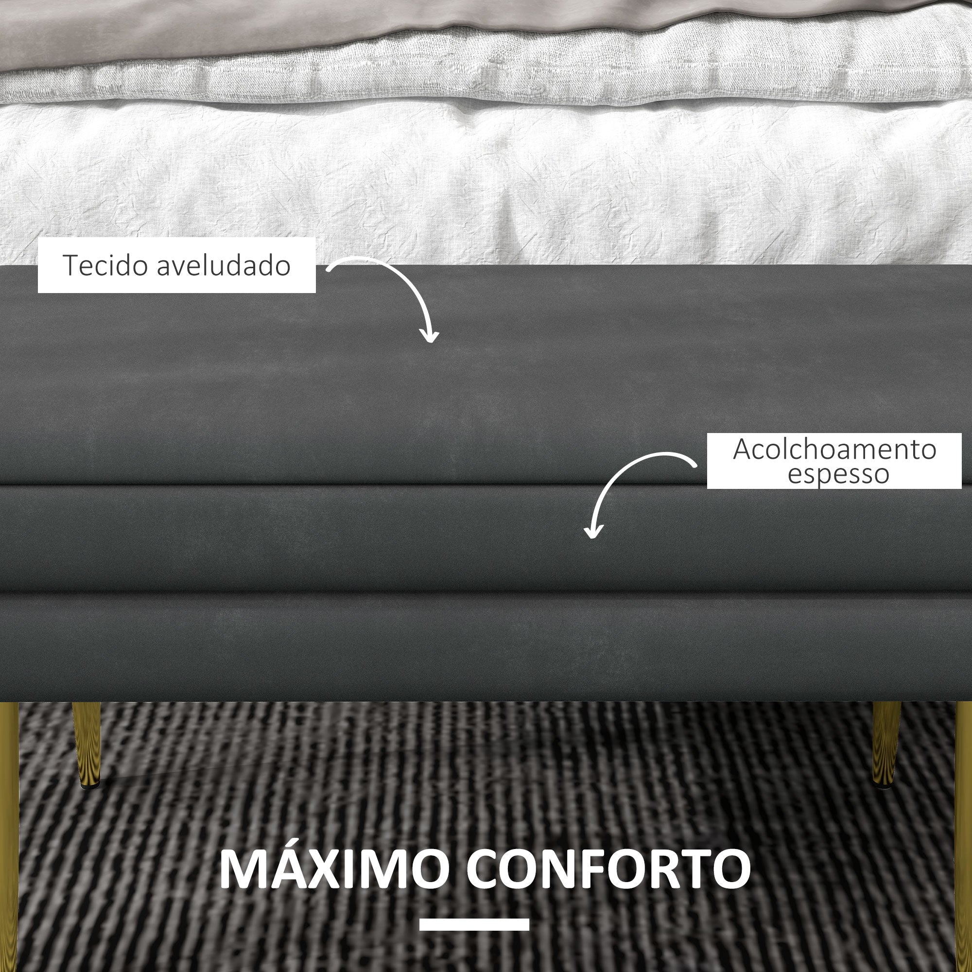 Banco Acolchoado em Veludo – 79,5x37,5x43 cm – Cinza Escuro – Tecido de poliéster