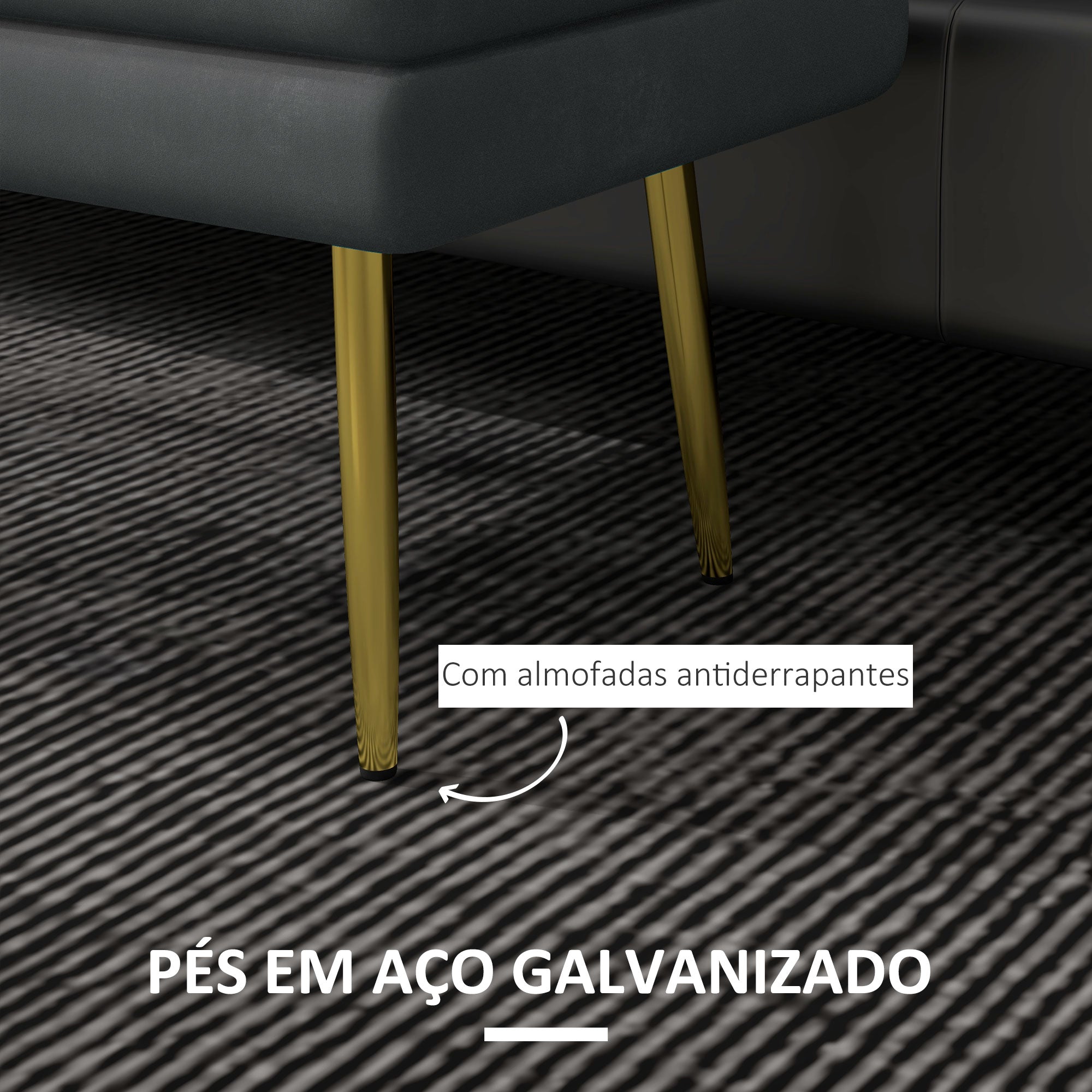Banco Acolchoado em Veludo – 79,5x37,5x43 cm – Cinza Escuro – Tecido de poliéster