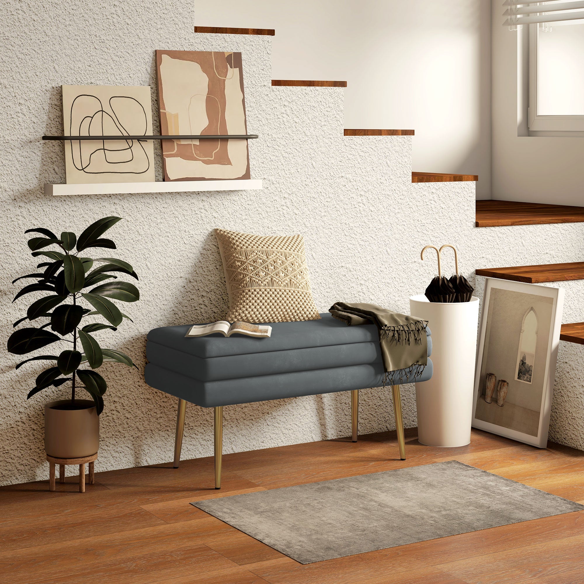 Banco Acolchoado em Veludo – 79,5x37,5x43 cm – Cinza Escuro – Tecido de poliéster