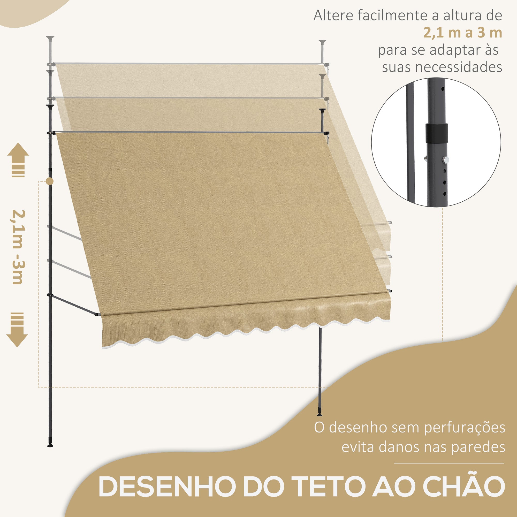 Toldo Manual Retrátil Bege 300x120x210-300 cm - Varanda Jardim Terraço