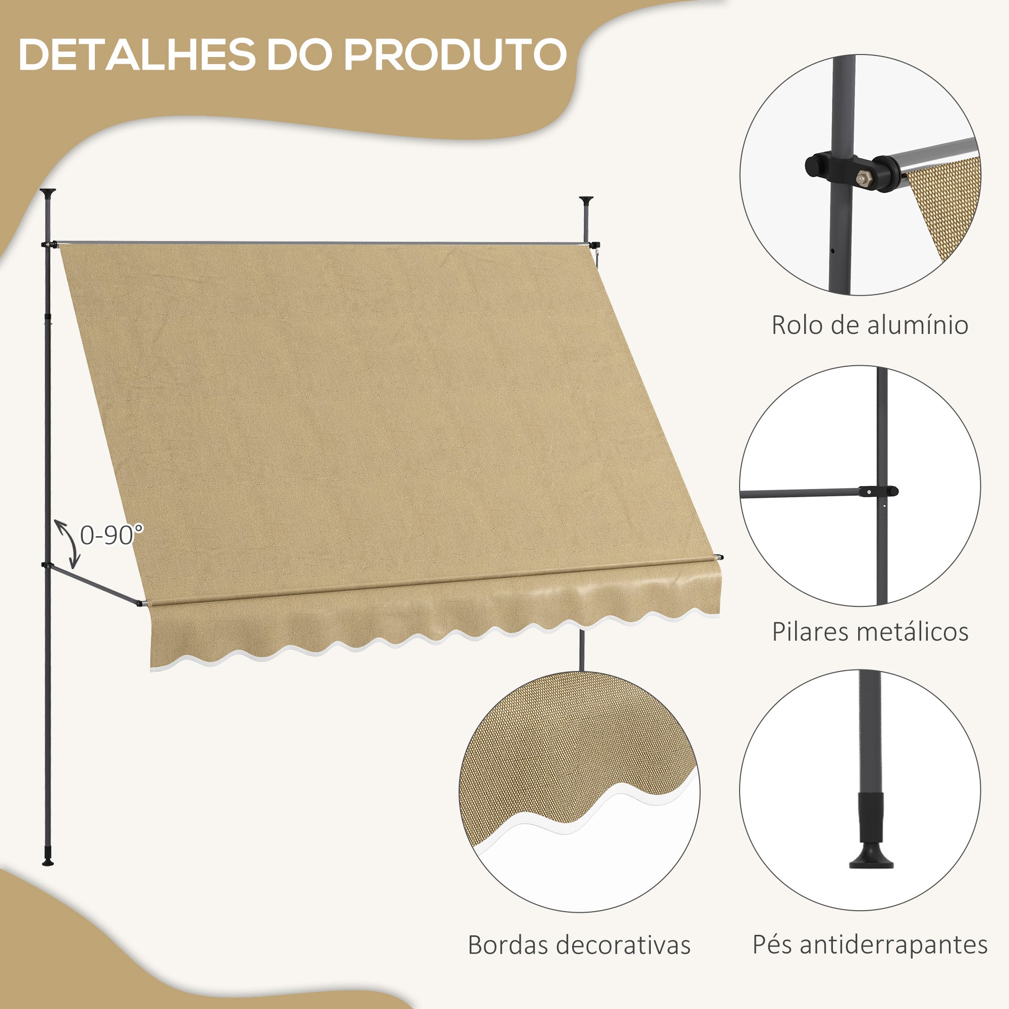 Toldo Manual Retrátil Bege 300x120x210-300 cm - Varanda Jardim Terraço