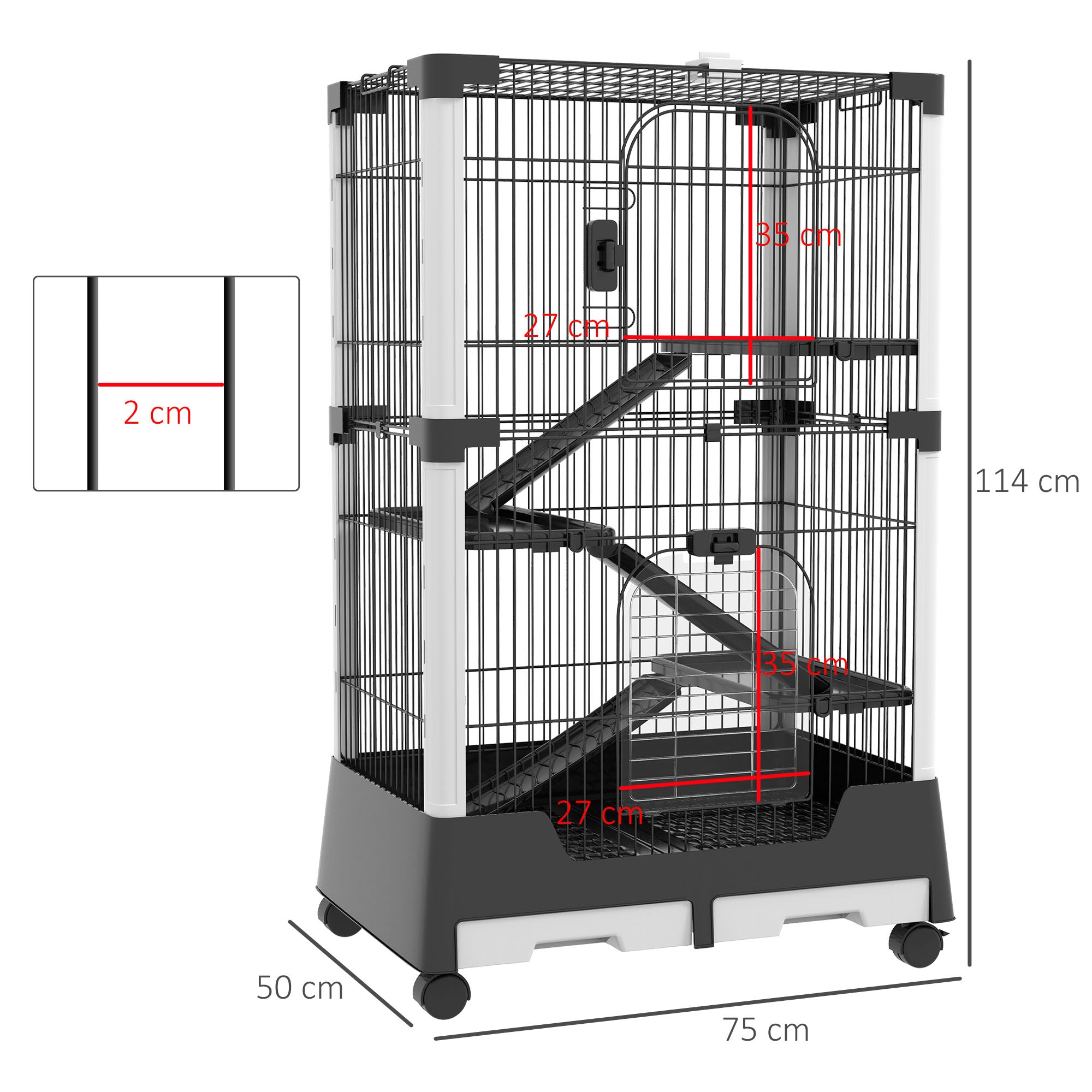 Gaiola para Animais Pequenos – 75x50x114 cm – Cor Preto – Aço, ABS e PP