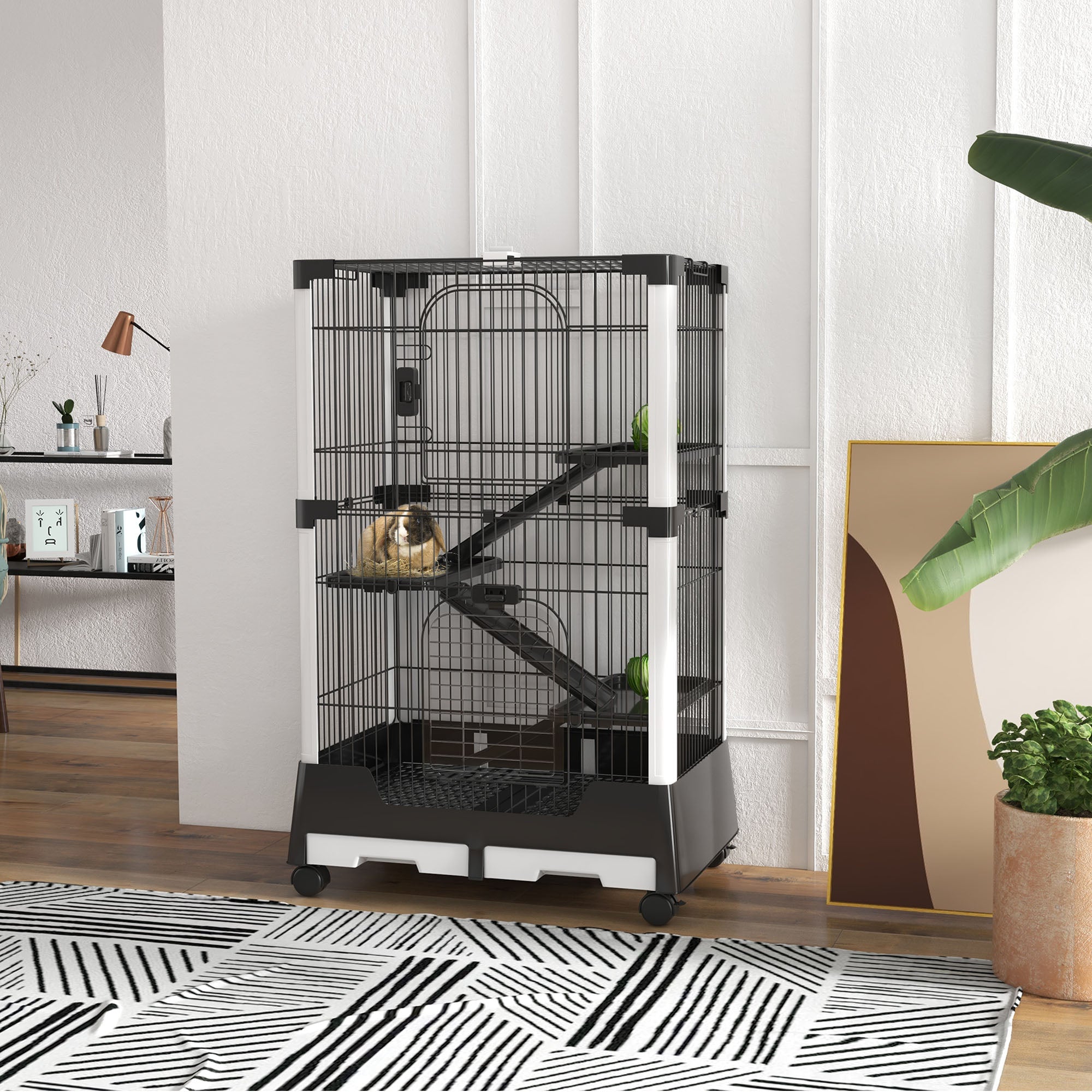 Gaiola para Animais Pequenos – 75x50x114 cm – Cor Preto – Aço, ABS e PP