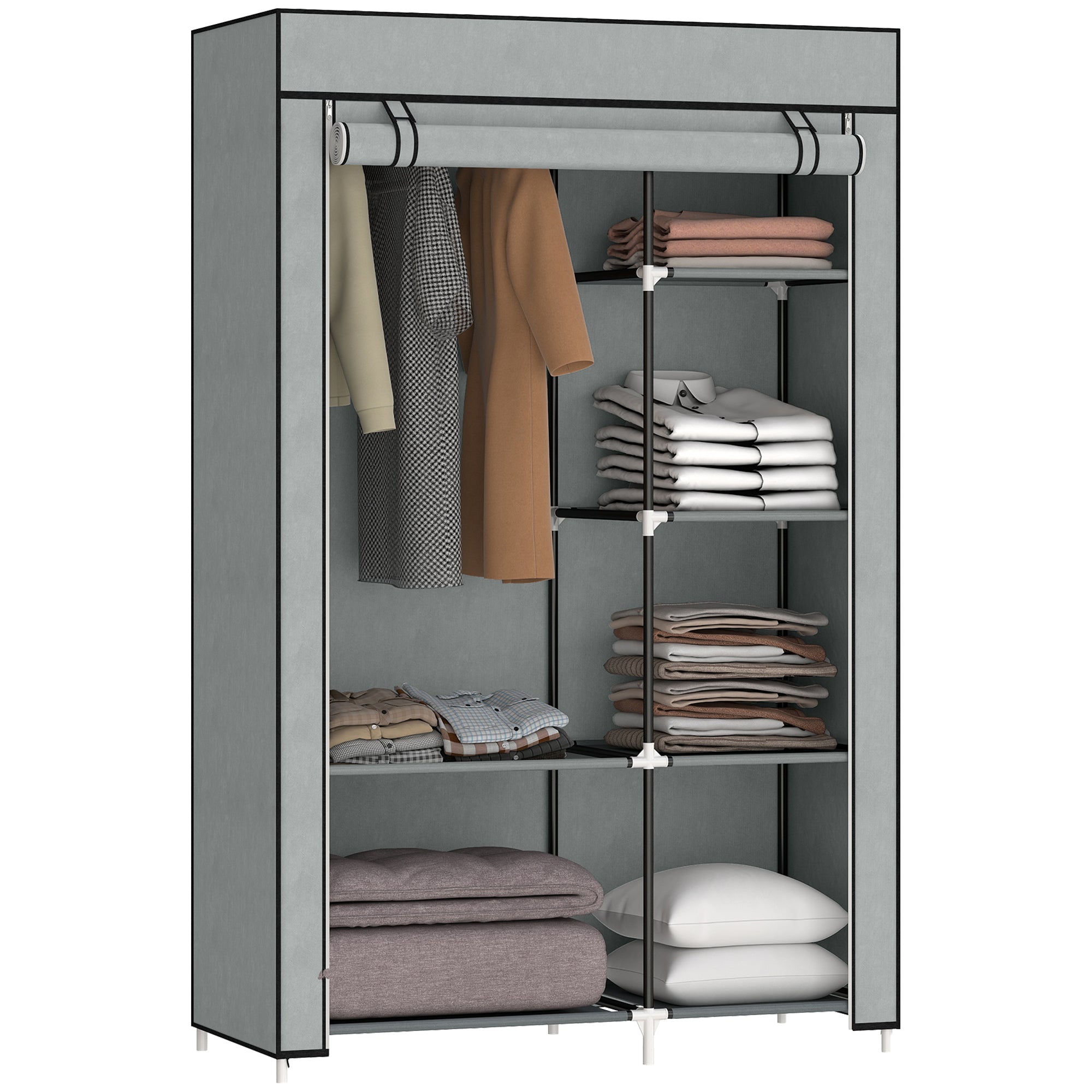 Roupeiro de Tecido Dobrável com 6 Prateleiras e 1 Barra de Pendurar - 103x43x162,5cm - Cinza Claro