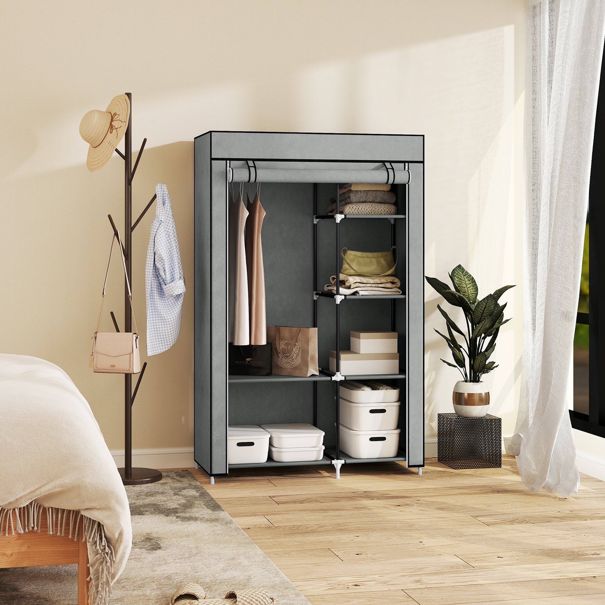 Roupeiro de Tecido Dobrável com 6 Prateleiras e 1 Barra de Pendurar - 103x43x162,5cm - Cinza Claro