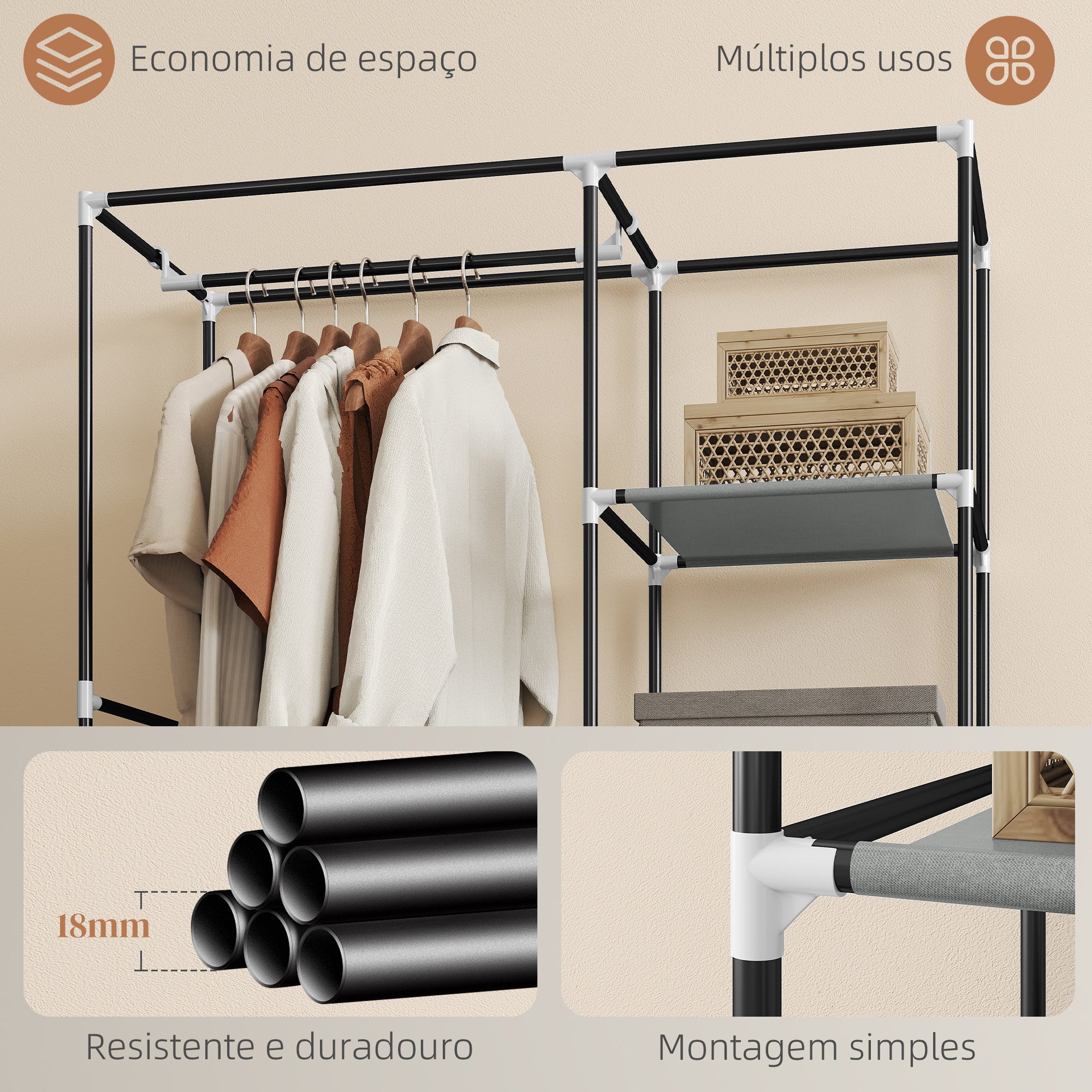 Roupeiro de Tecido Dobrável com 6 Prateleiras e 1 Barra de Pendurar - 103x43x162,5cm - Cinza Claro