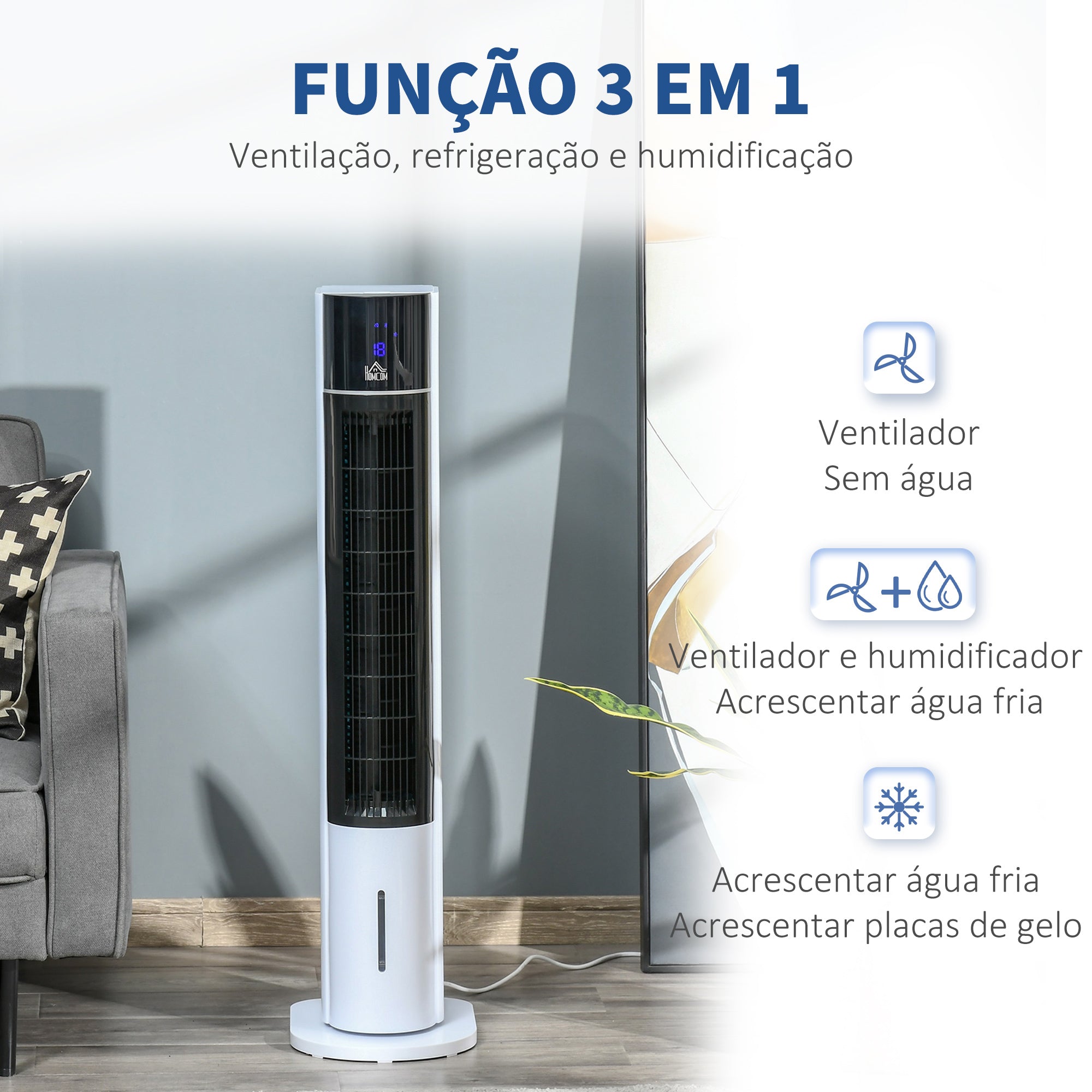 Ventoinha de Coluna Oscilante com Umidificador 33x26x105cm Branco e Preto