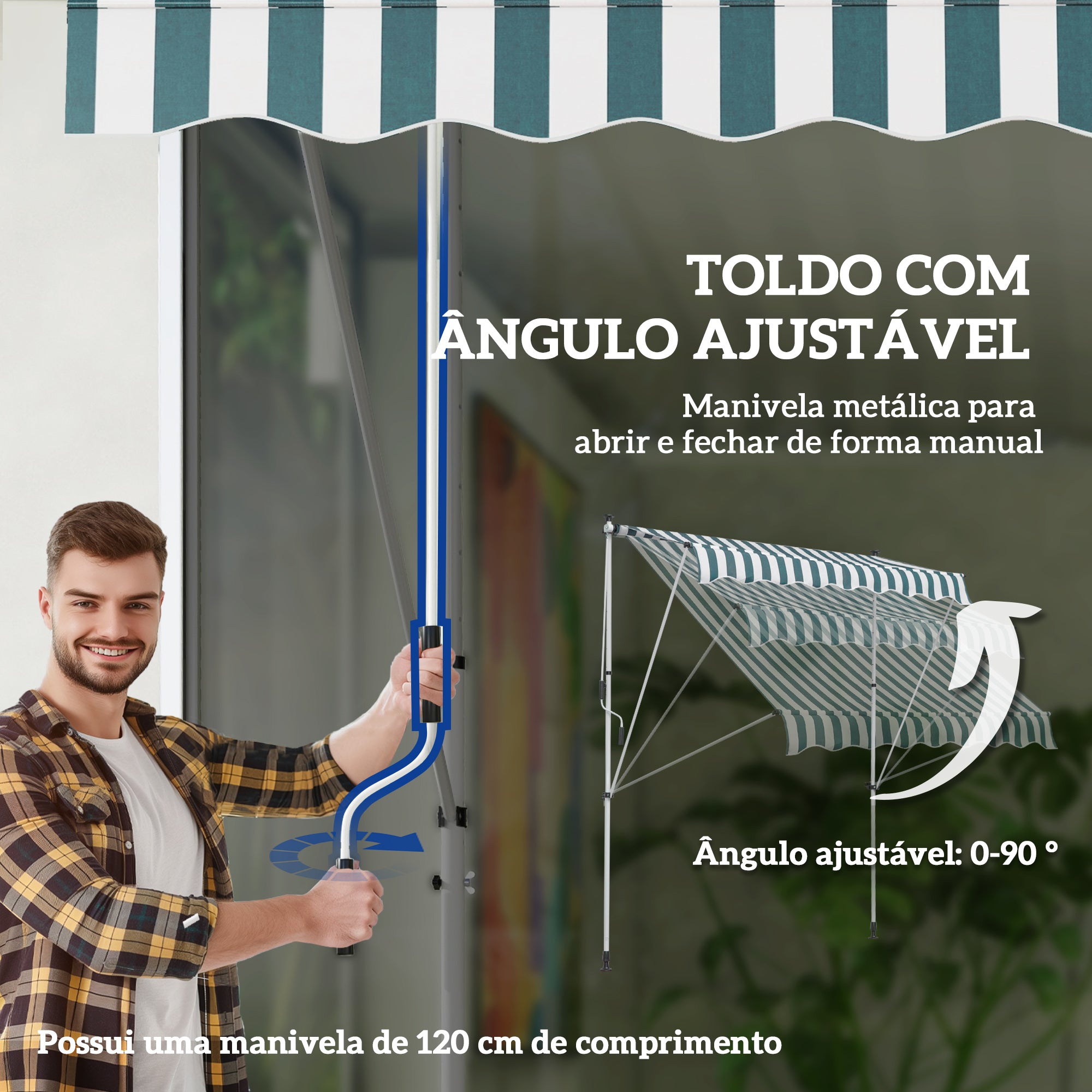 Toldo Manual Retrátil 200x150 cm Verde e Branco