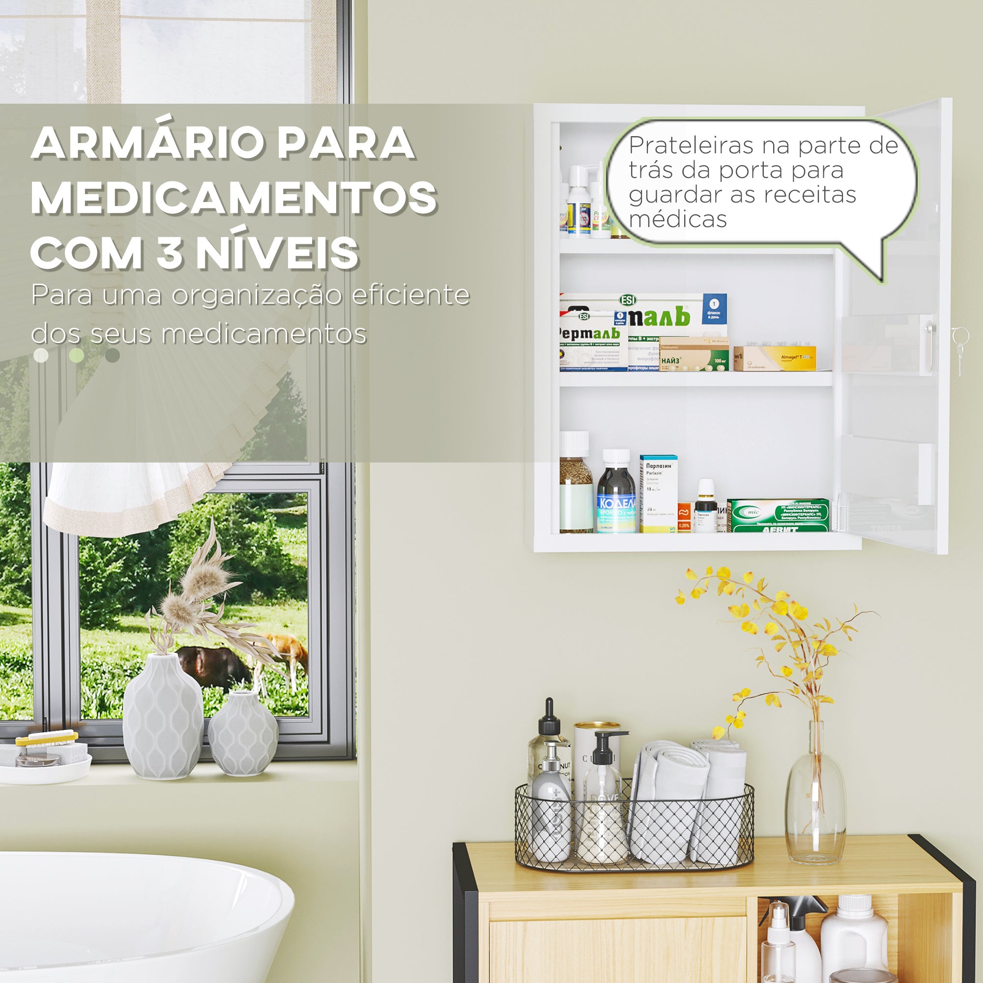 Armário de Parede de Aço para Medicamentos 3 Níveis 40x15x53,5 cm Branco