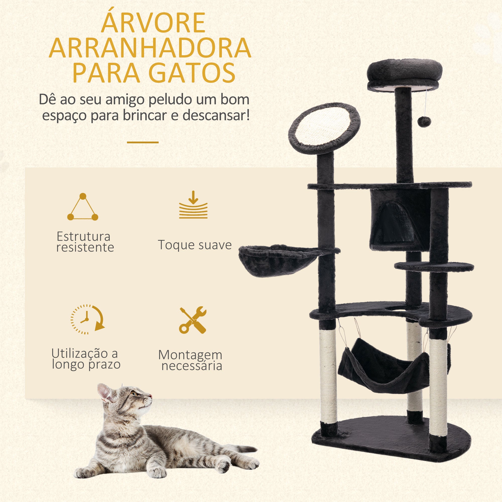Árvore Arranhador para Gatos Grande Cinza de Carvão 64,5x50,5x153cm