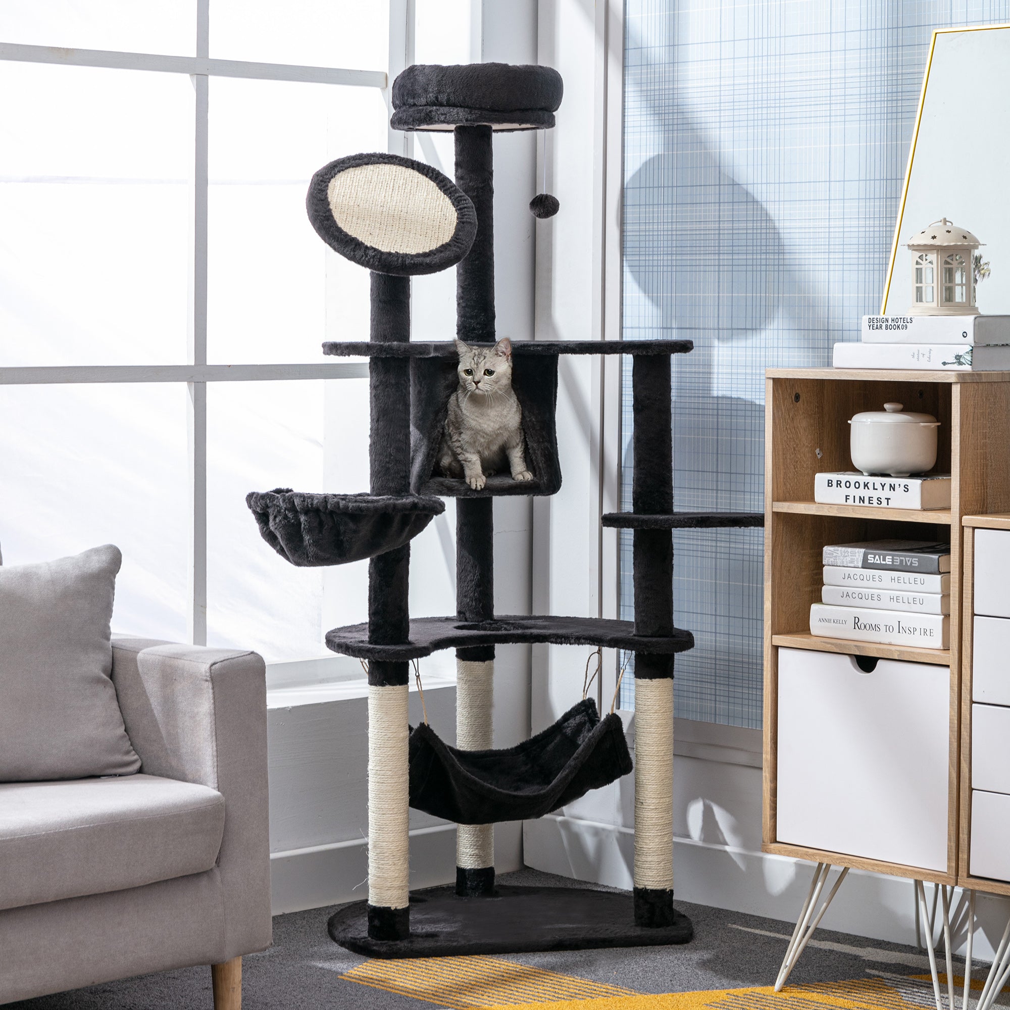 Árvore Arranhador para Gatos Grande Cinza de Carvão 64,5x50,5x153cm
