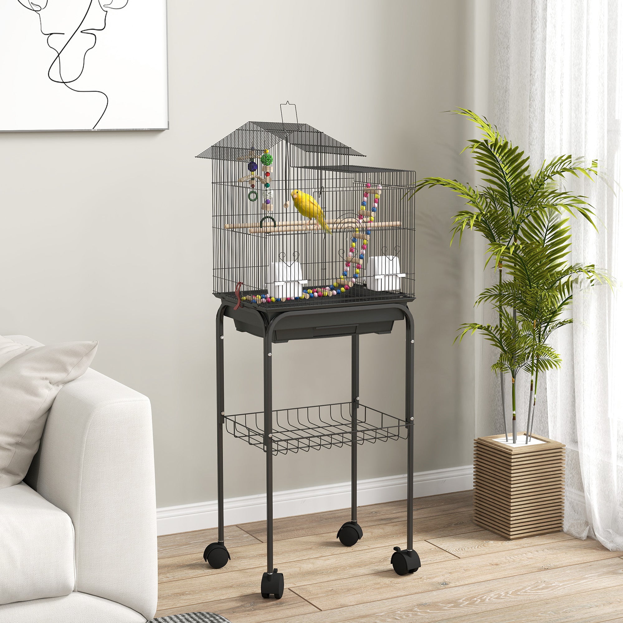 Gaiola de Metal para Pássaros com Acessórios - 46x36x120 cm - Preto