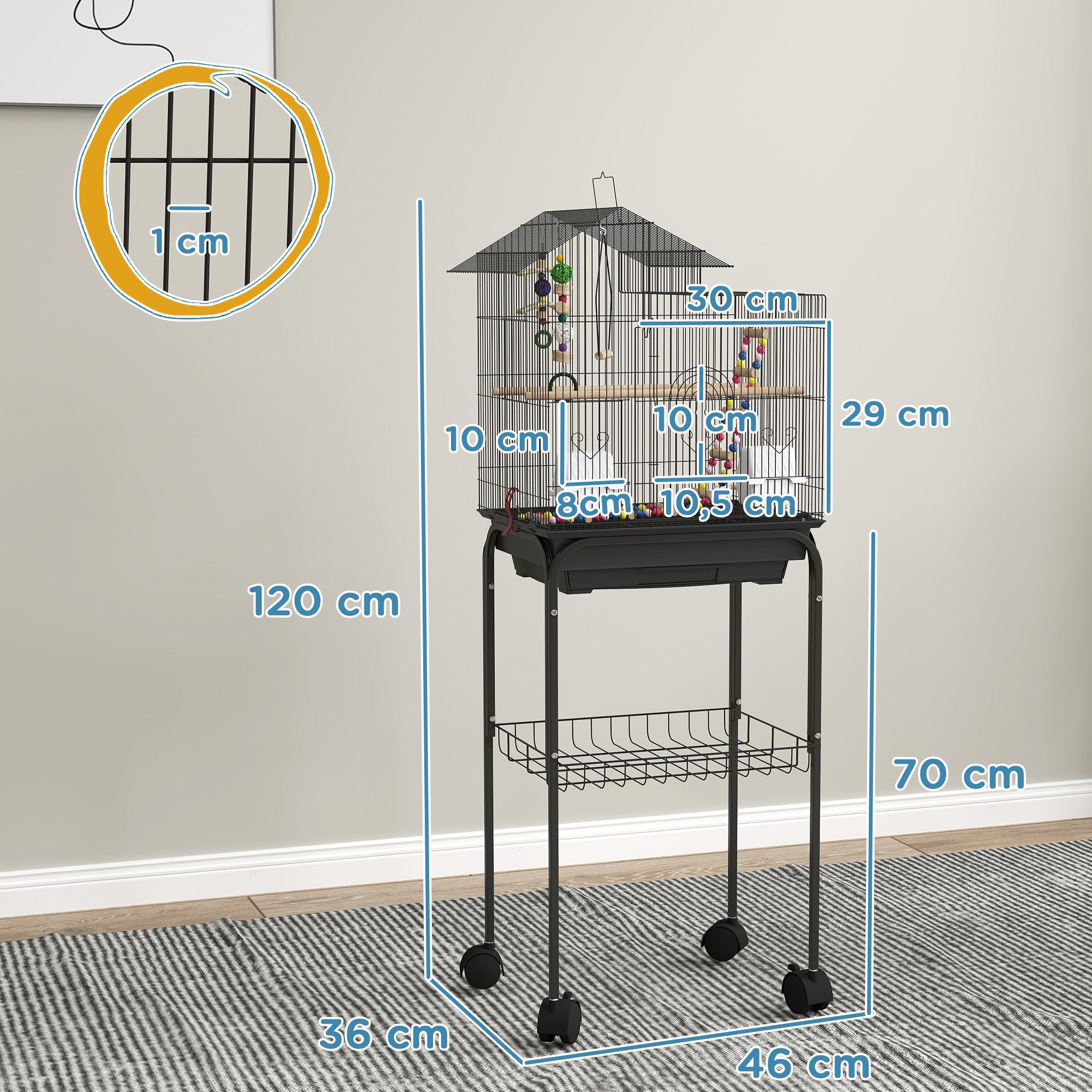 Gaiola de Metal para Pássaros com Acessórios - 46x36x120 cm - Preto