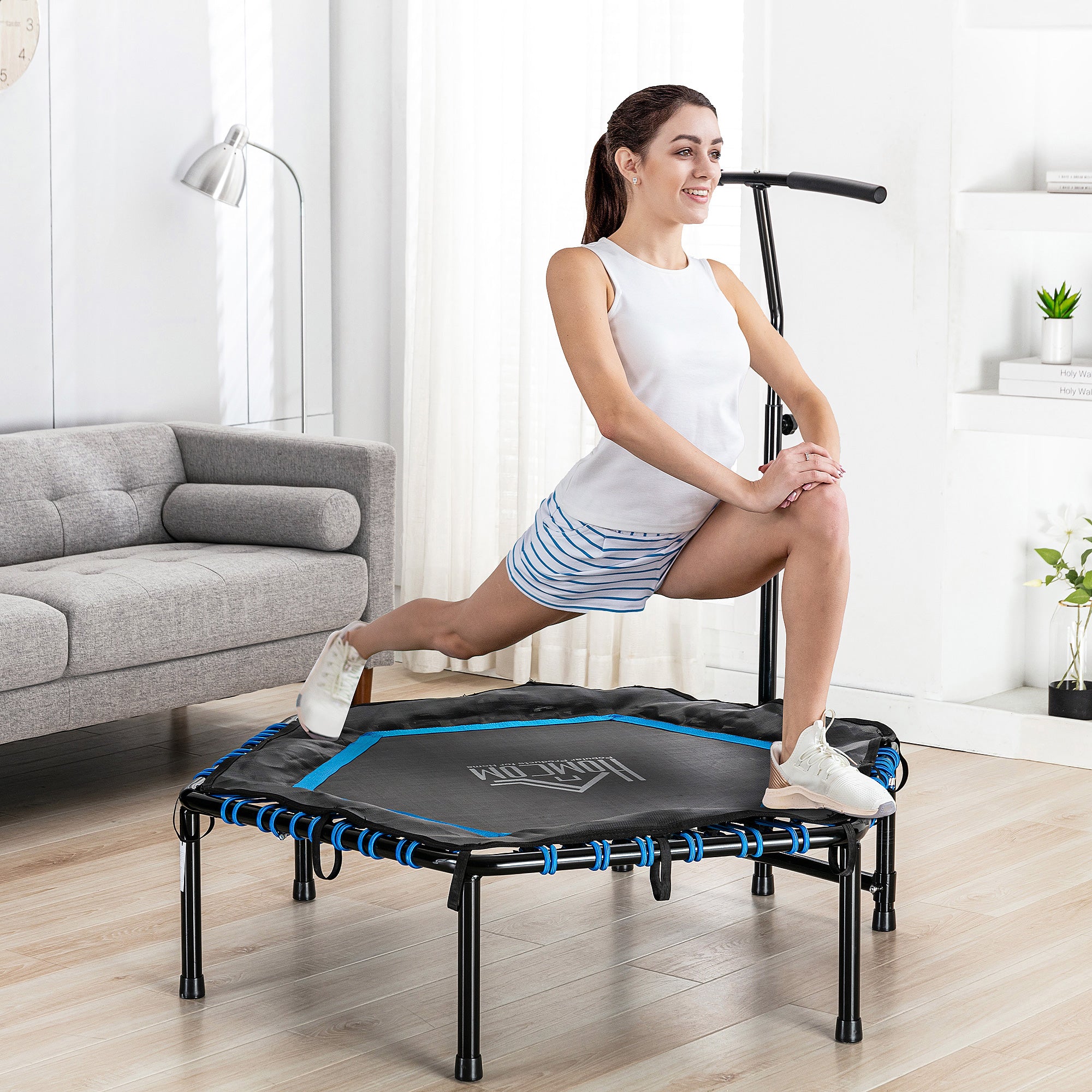 Trampolim Fitness Ø122 Preto e Azul - Cama Elástica com Guiador Ajustável