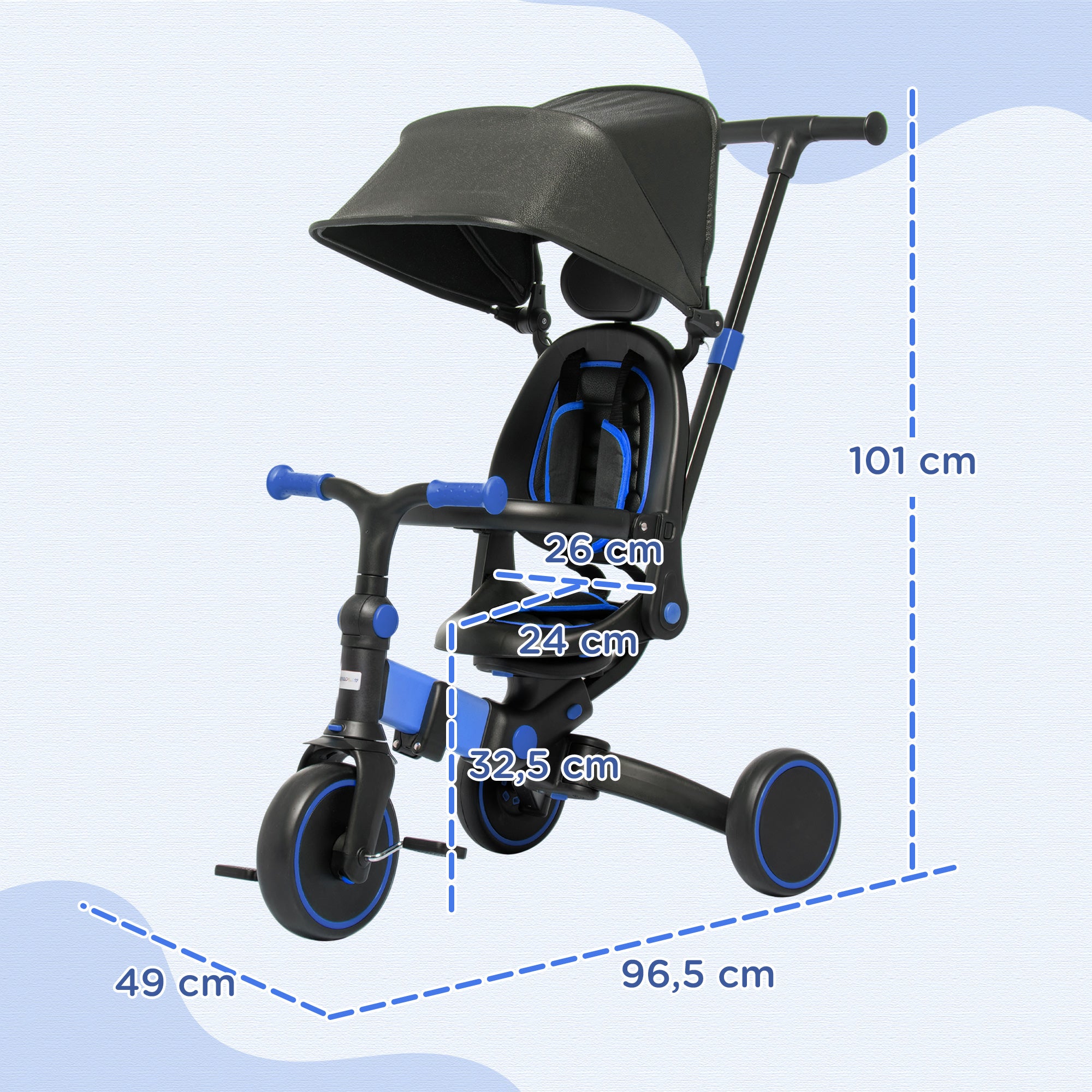 Triciclo 3 em 1 para Crianças - Preto e Azul - 96,5x49x101cm