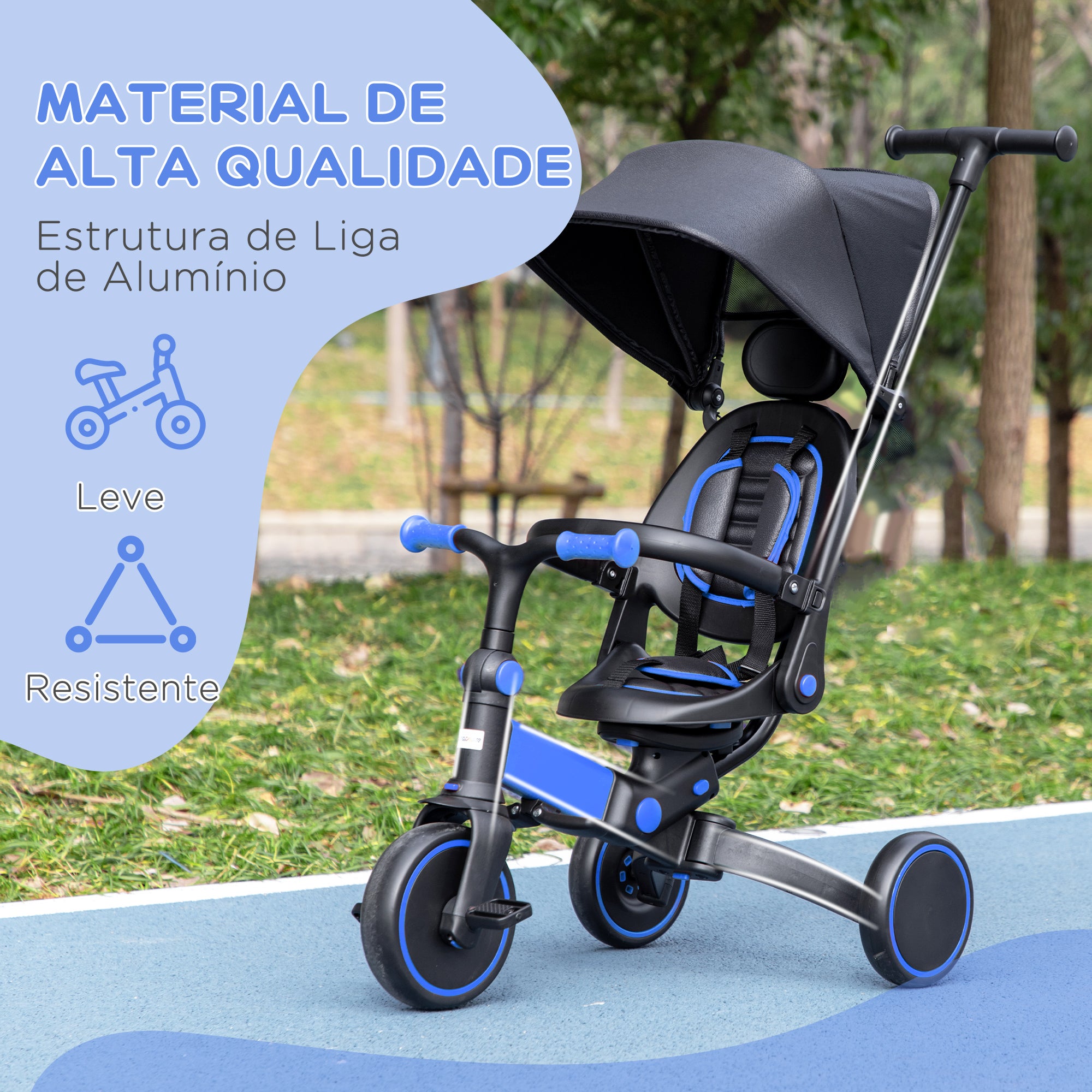 Triciclo 3 em 1 para Crianças - Preto e Azul - 96,5x49x101cm