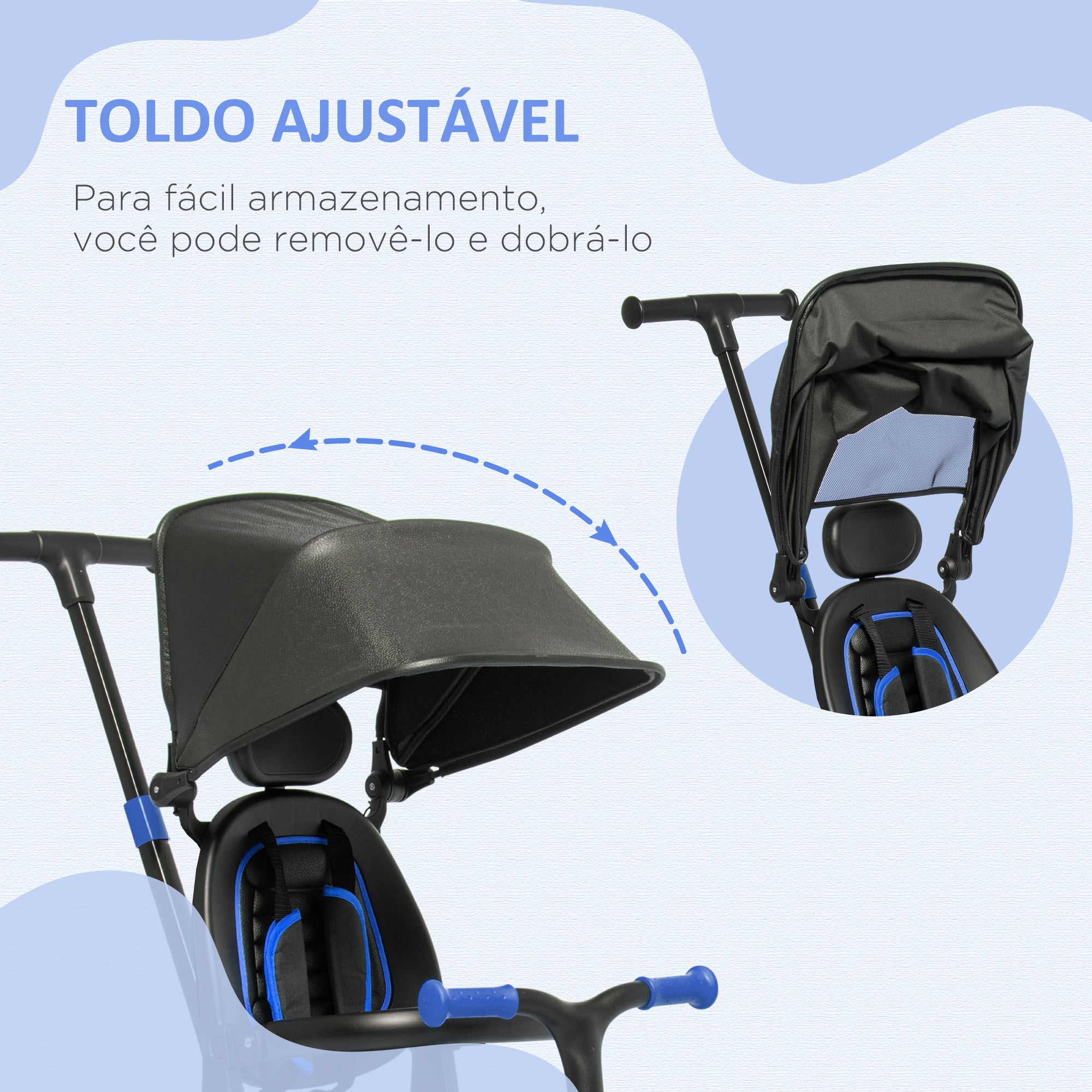 Triciclo 3 em 1 para Crianças - Preto e Azul - 96,5x49x101cm