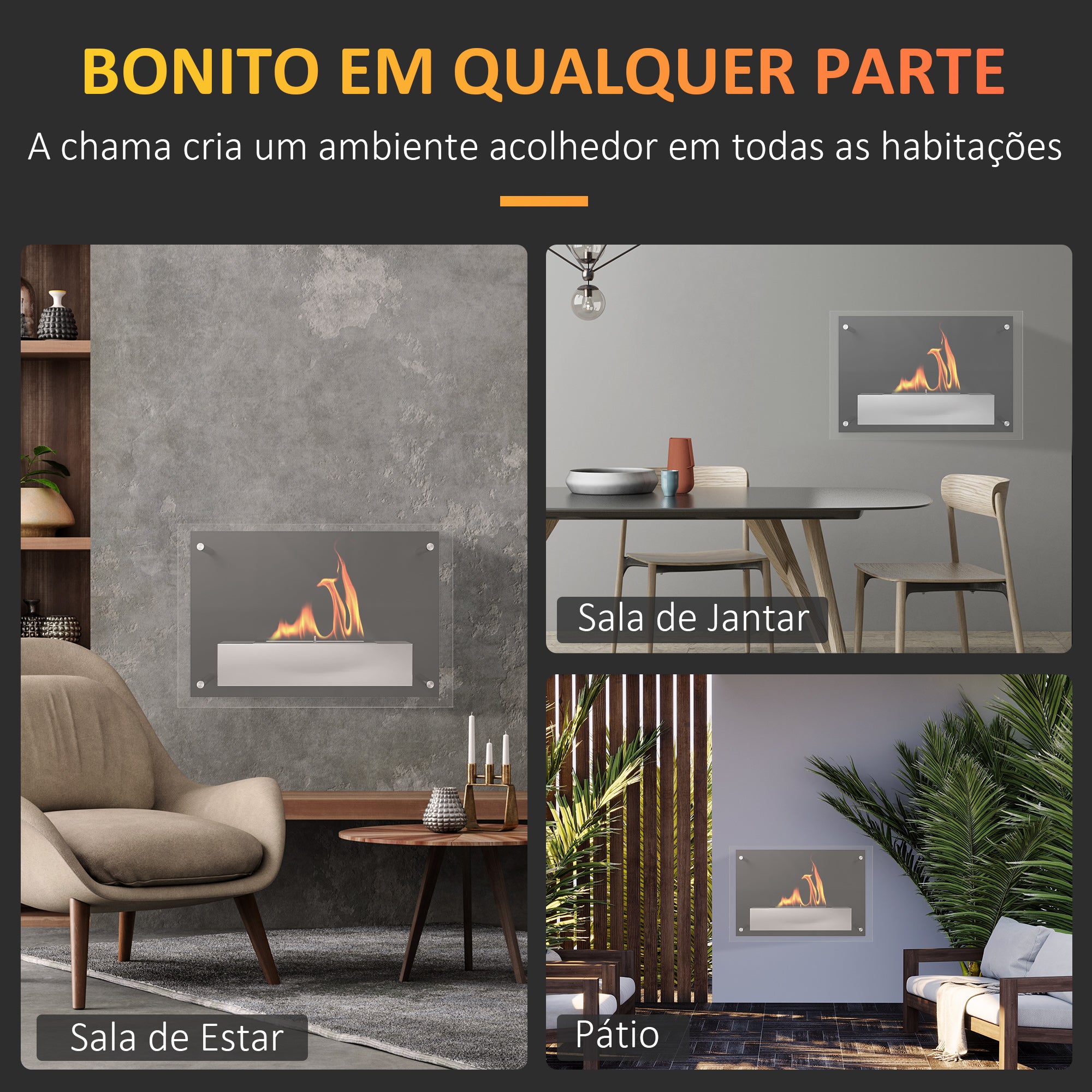 Lareira de Bioetanol de Parede 60x22x40cm - Cor Preto