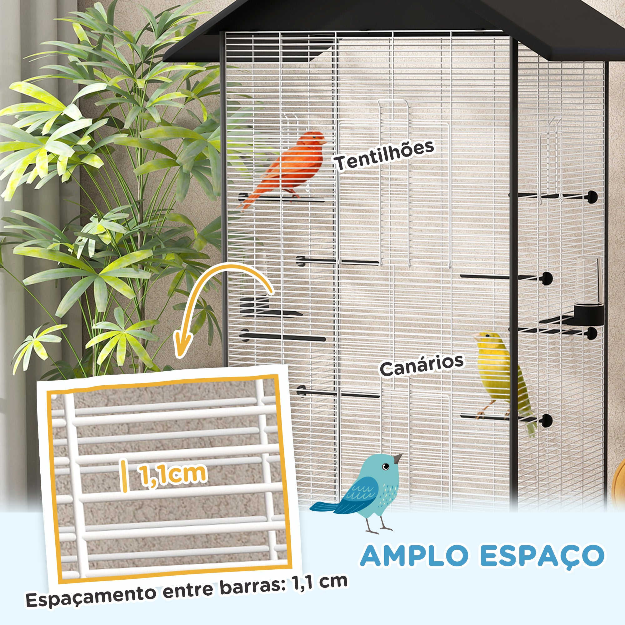 Gaiola Metálica para Pássaros – 79x65x155 cm – Cor Preto – Aço