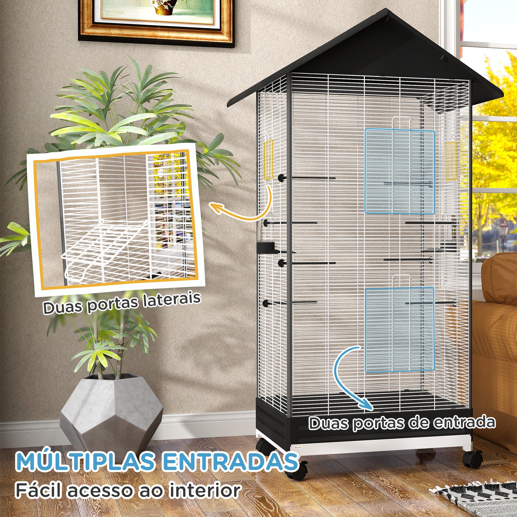 Gaiola Metálica para Pássaros – 79x65x155 cm – Cor Preto – Aço