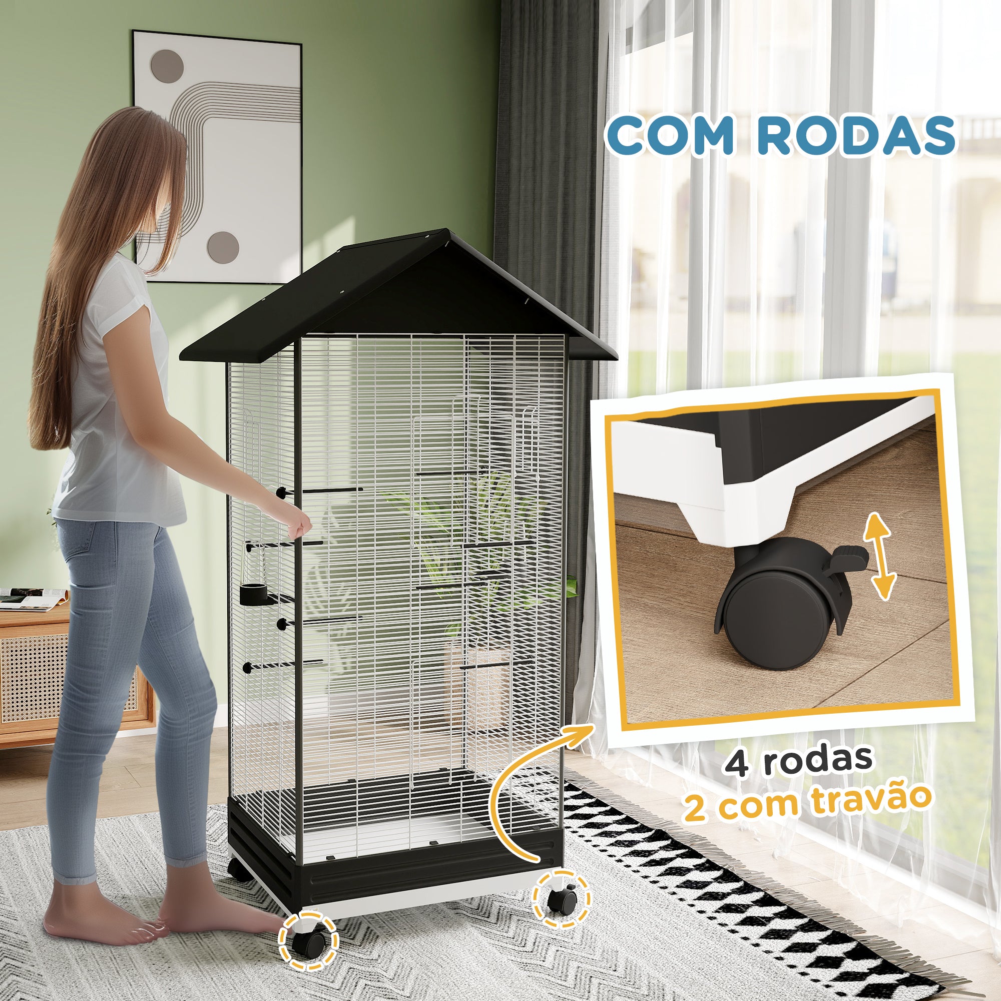 Gaiola Metálica para Pássaros – 79x65x155 cm – Cor Preto – Aço