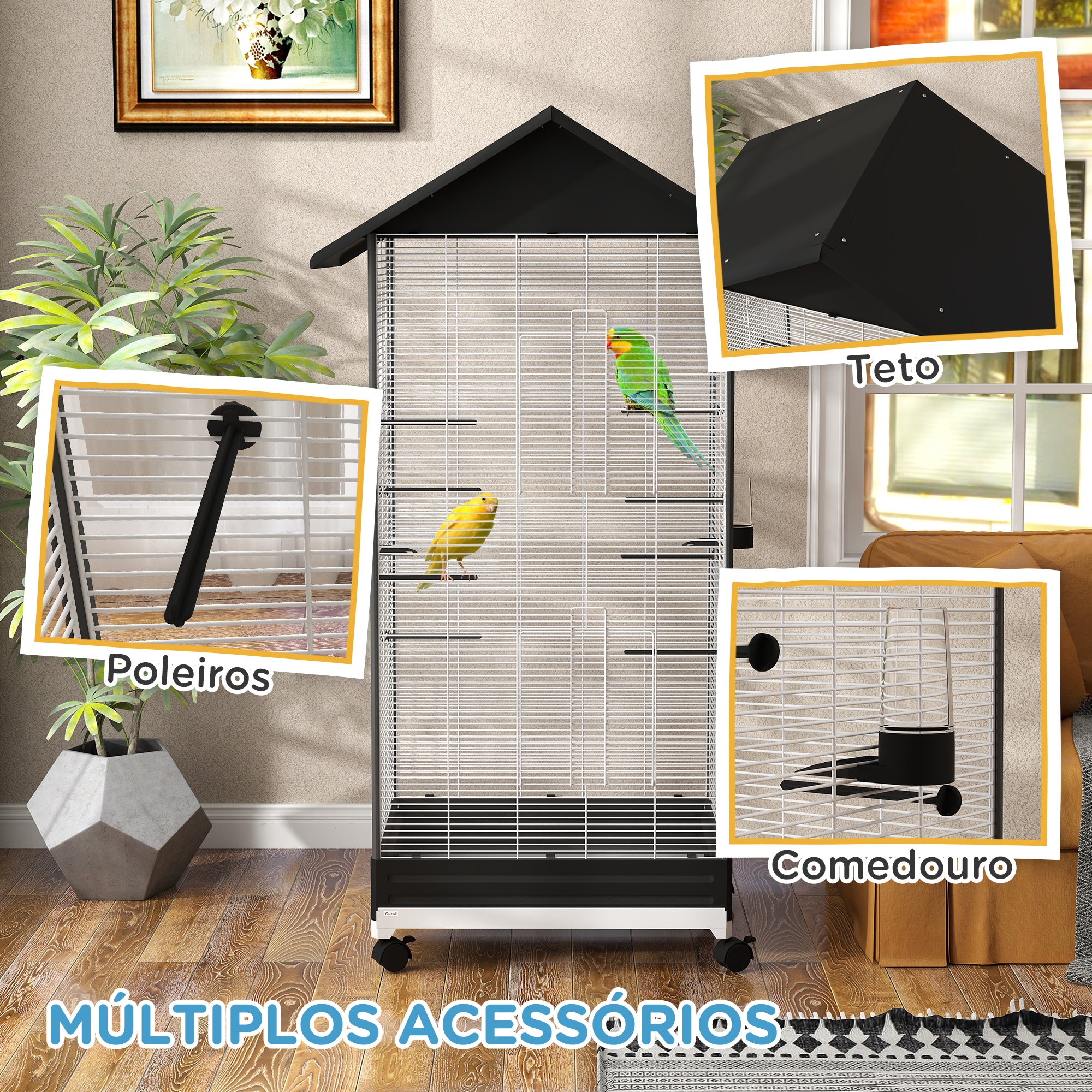 Gaiola Metálica para Pássaros – 79x65x155 cm – Cor Preto – Aço