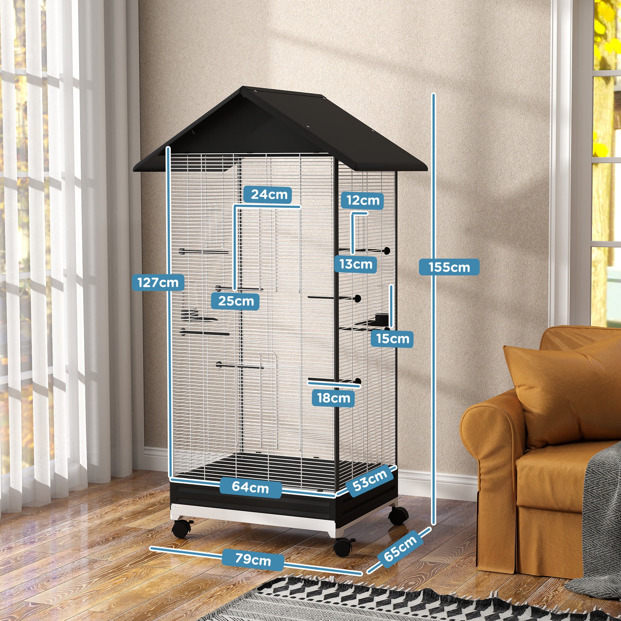 Gaiola Metálica para Pássaros – 79x65x155 cm – Cor Preto – Aço