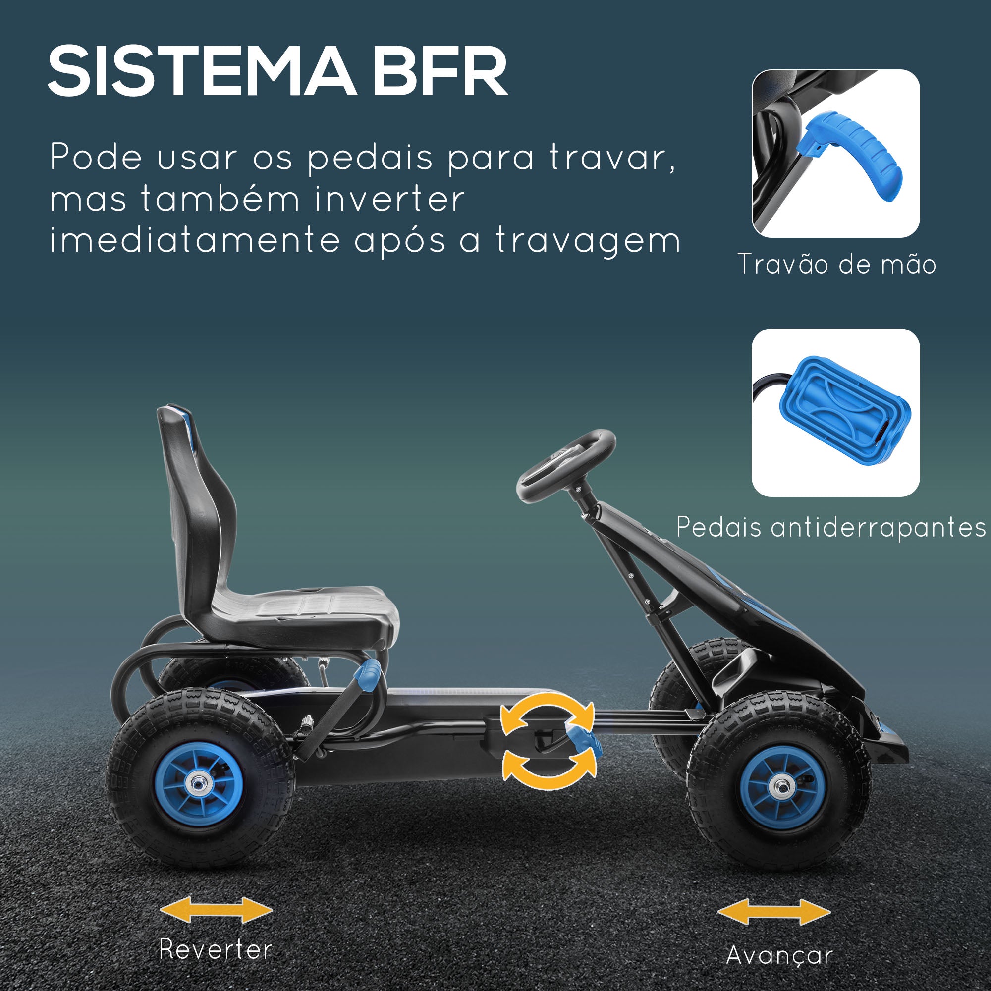 Kart a Pedais Infantil Azul 121x58x61cm para Crianças 5-12 Anos