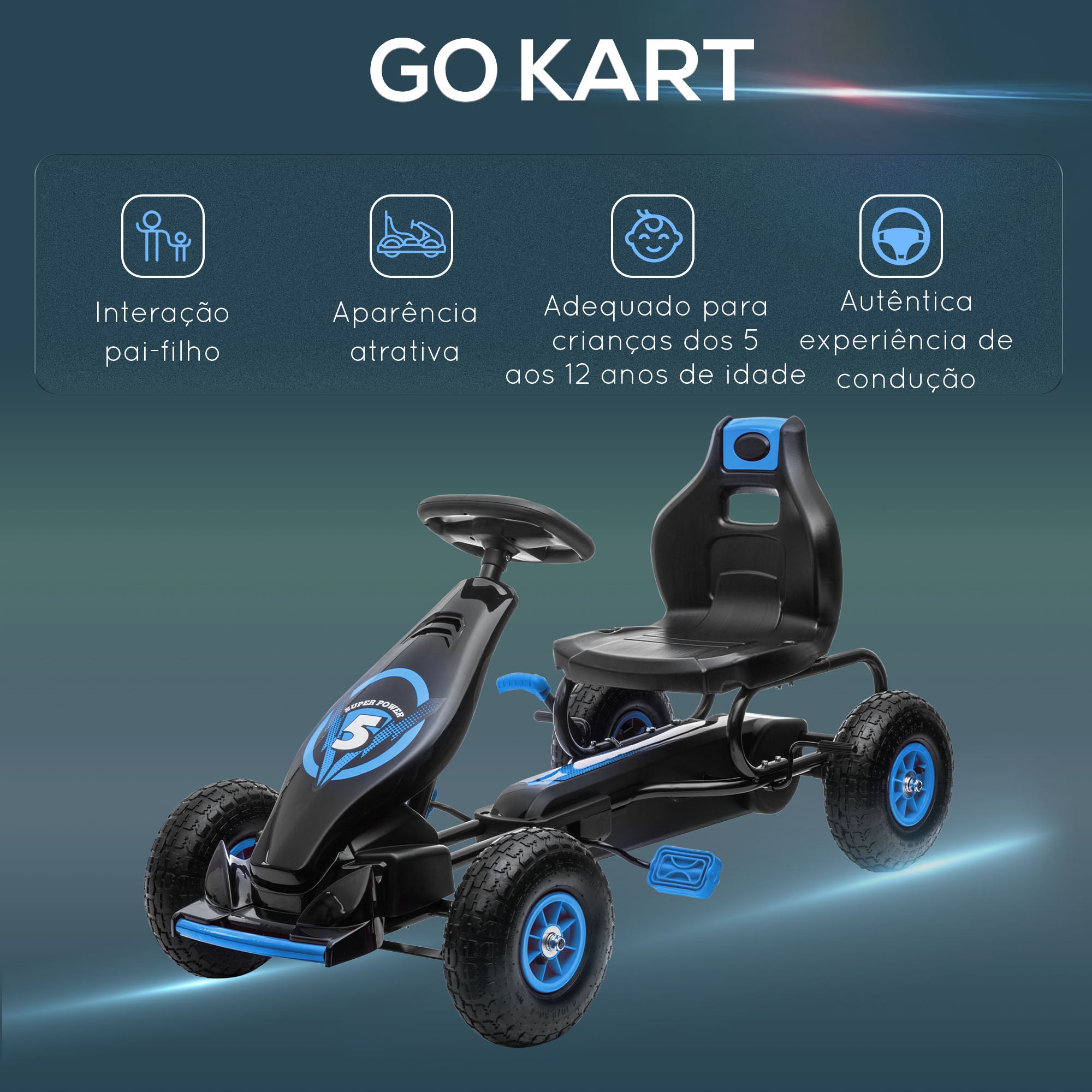 Kart a Pedais Infantil Azul 121x58x61cm para Crianças 5-12 Anos