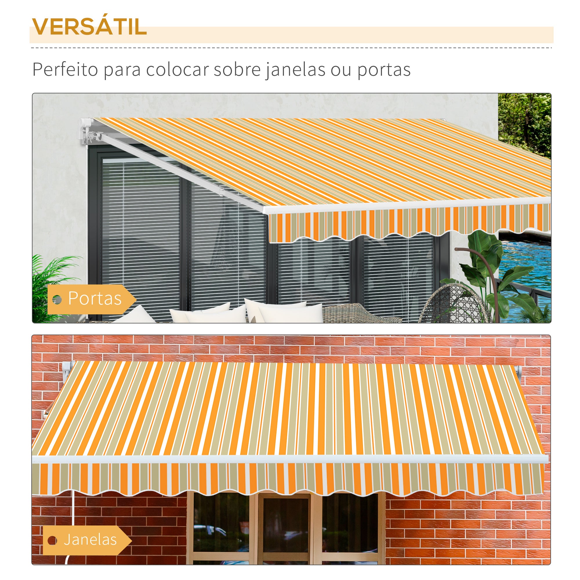 Toldo Retrátil 300x250cm Laranja, Branco e Bege
