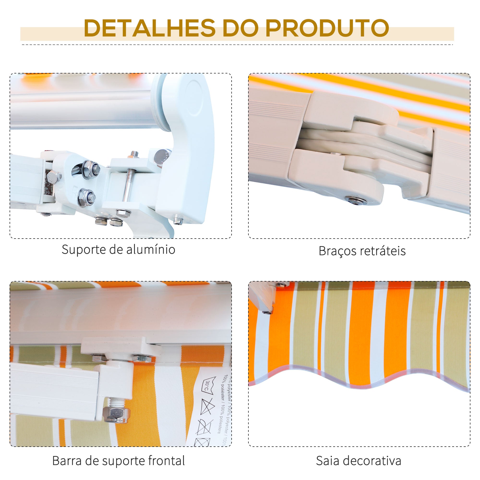 Toldo Retrátil 300x250cm Laranja, Branco e Bege
