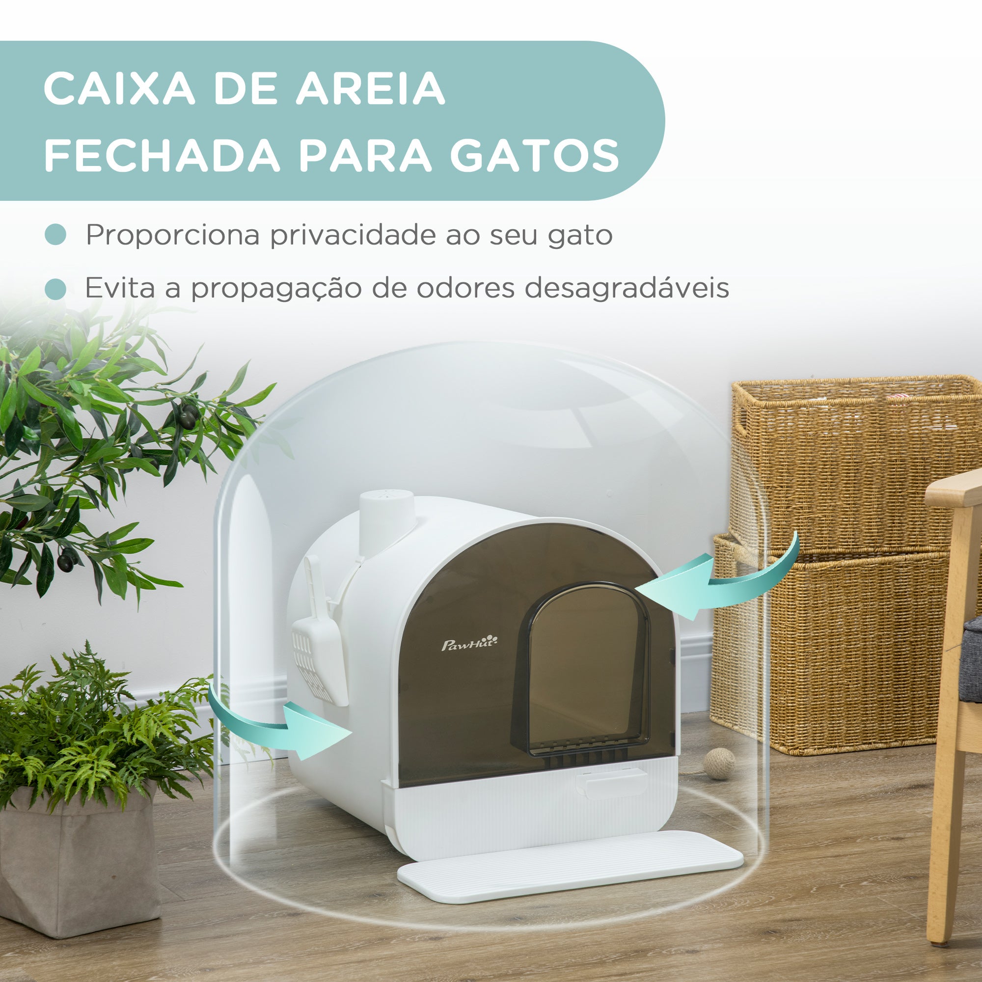Caixa de Areia Fechada para Gatos 43x44x47cm - Branco e Preto