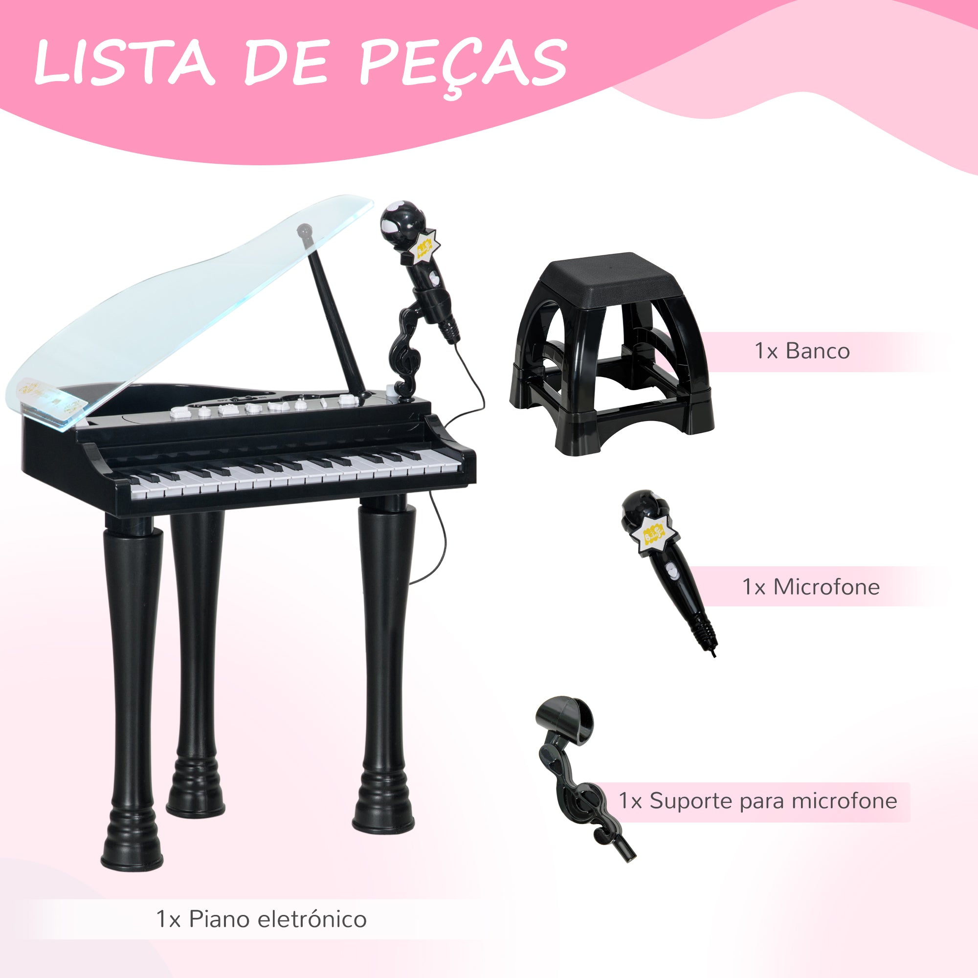Piano Eletrónico para Crianças 32 Teclas Preto 37x30,5x60,4 cm