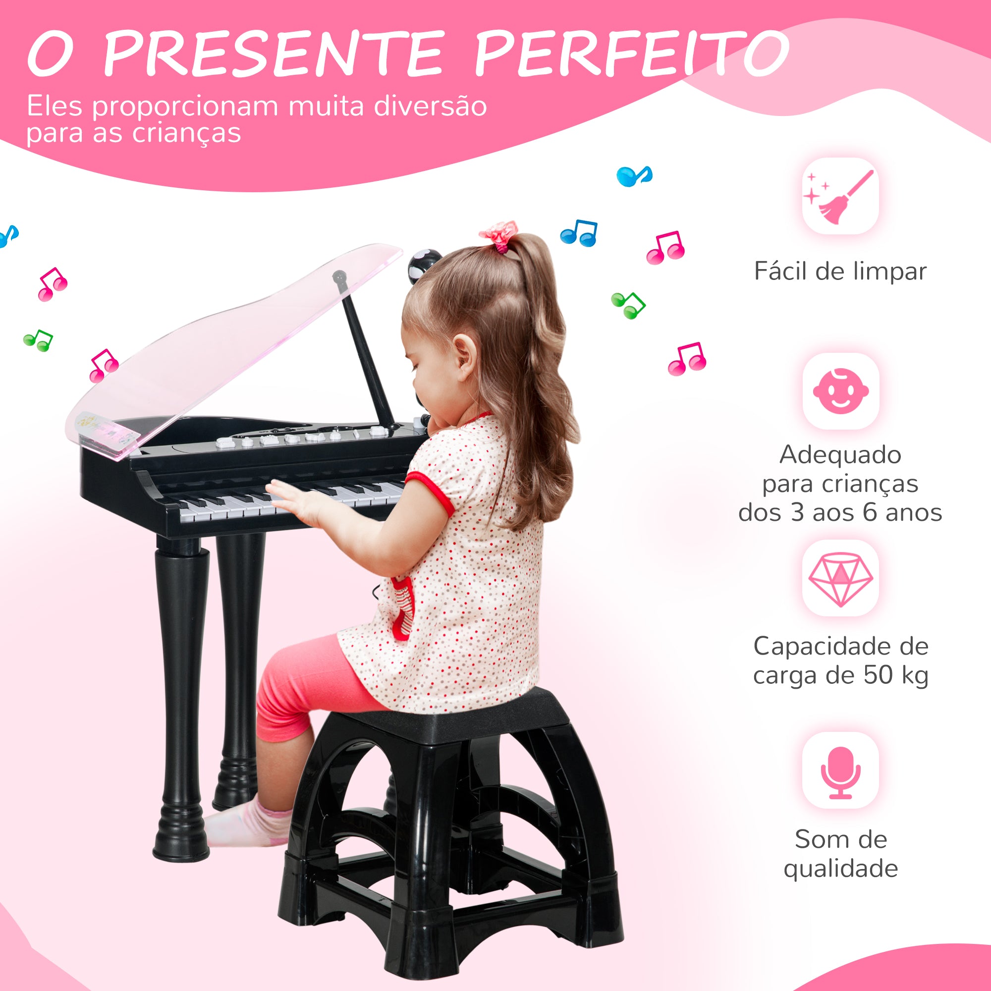 Piano Eletrónico para Crianças 32 Teclas Preto 37x30,5x60,4 cm