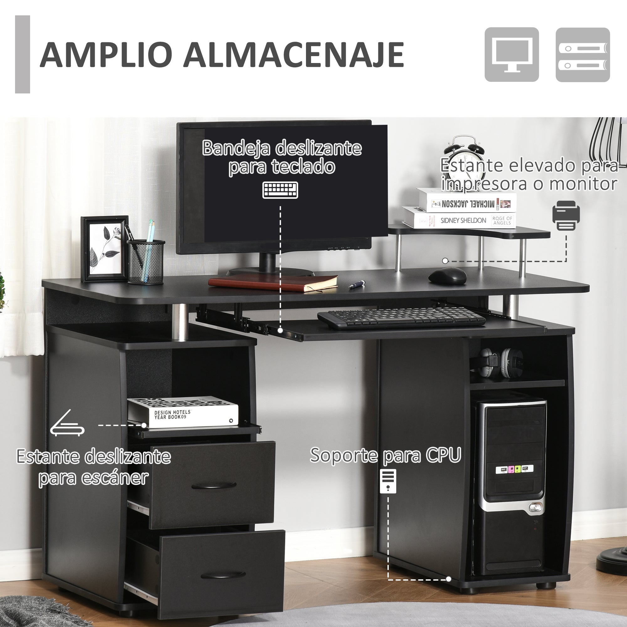 Secretária para Computador com Prateleiras Múltiplas 120x55x85 cm - Preto
