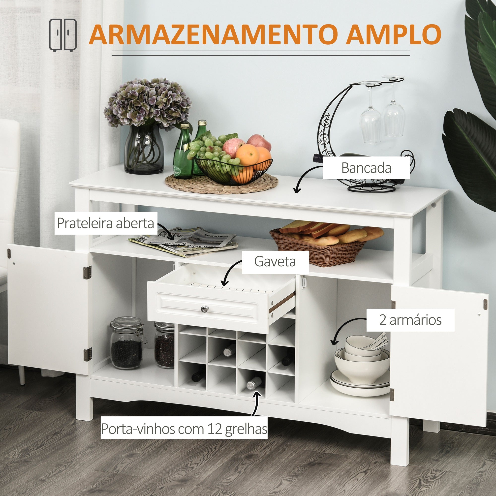 Aparador de Cozinha com 1 Gaveta e Suporte para 12 Garrafas - 116,5x40x82,5 cm - Branco