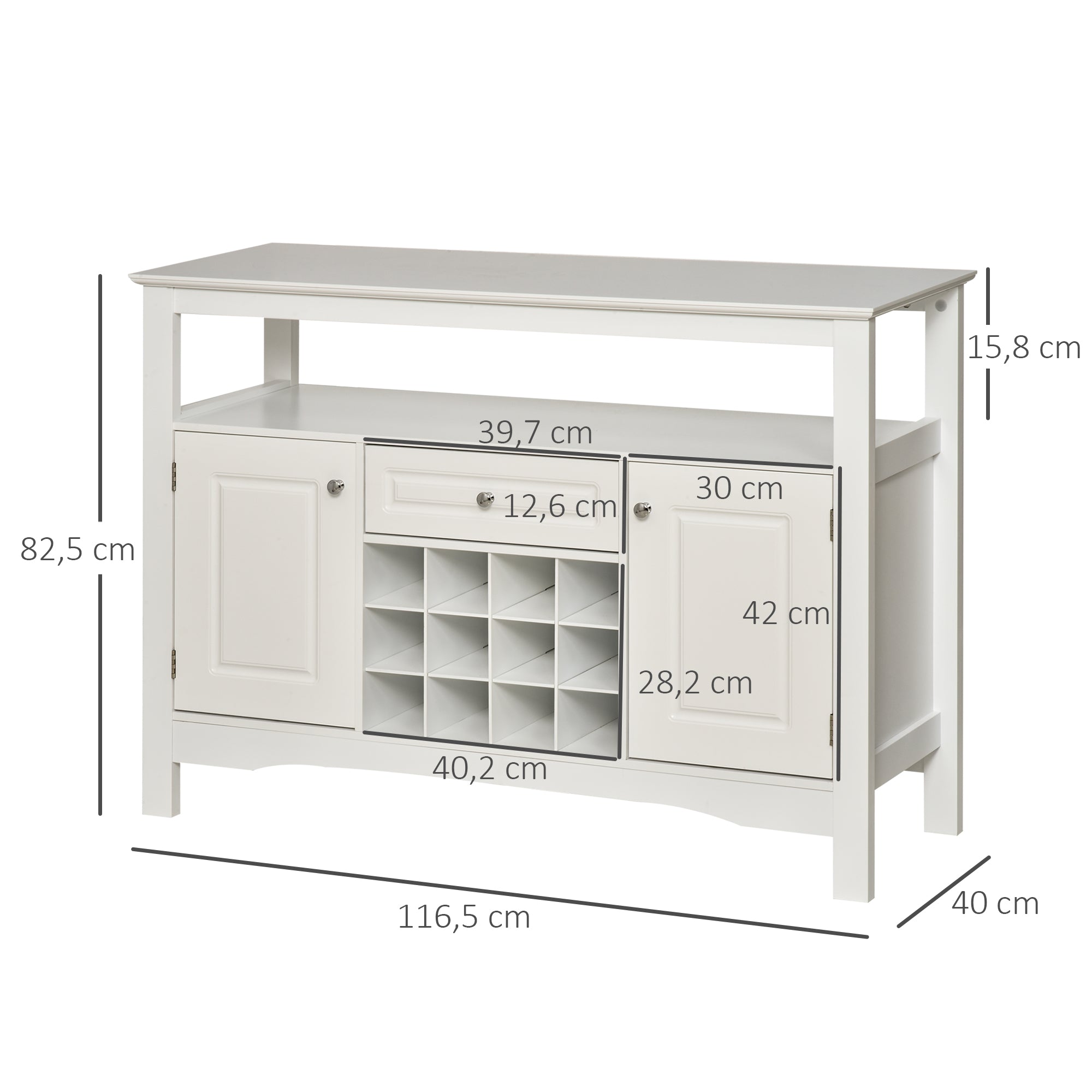 Aparador de Cozinha com 1 Gaveta e Suporte para 12 Garrafas - 116,5x40x82,5 cm - Branco