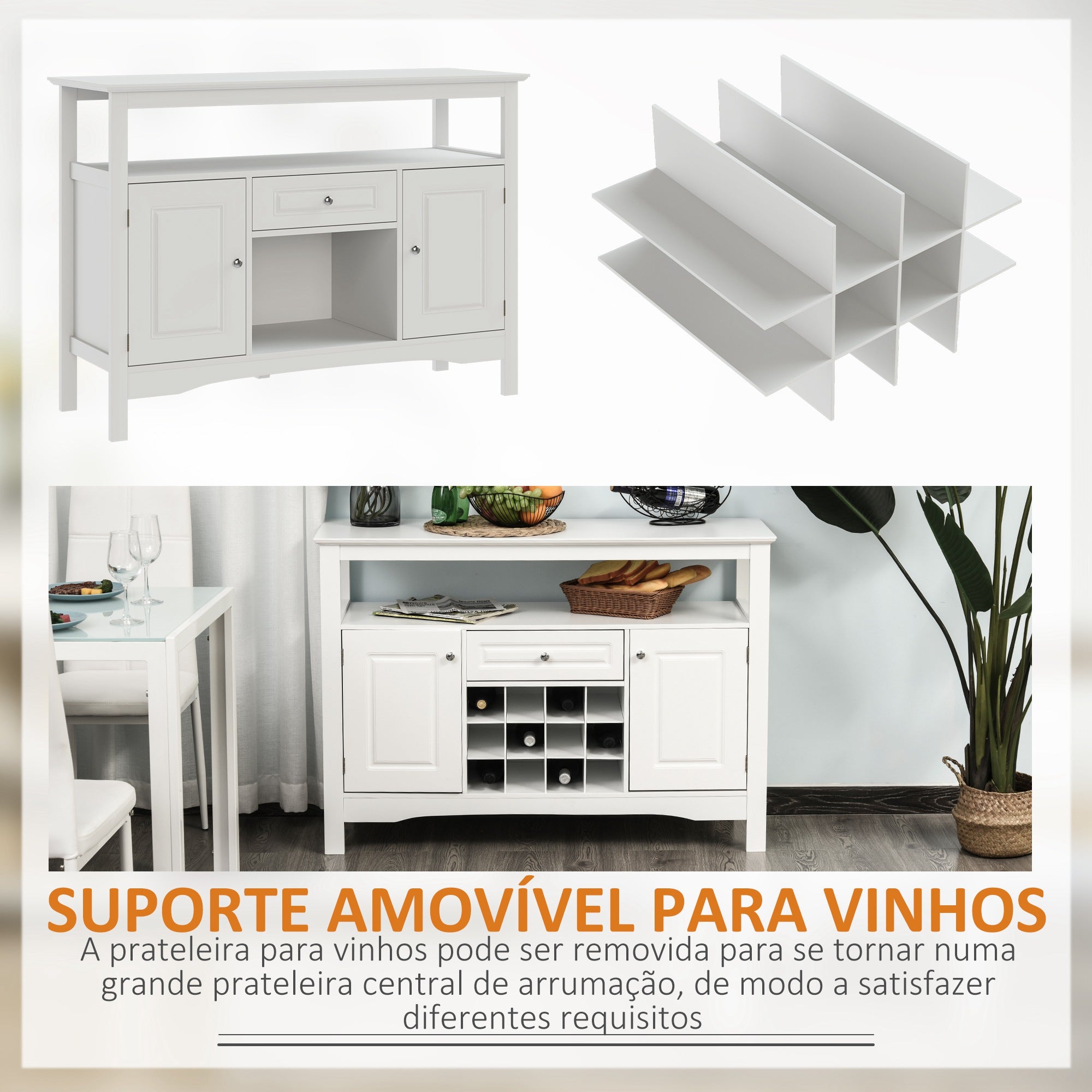 Aparador de Cozinha com 1 Gaveta e Suporte para 12 Garrafas - 116,5x40x82,5 cm - Branco