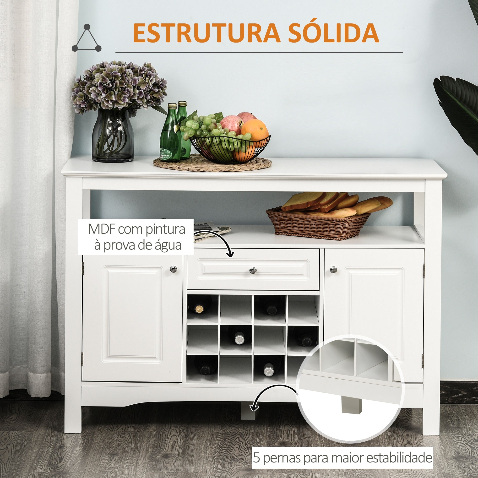 Aparador de Cozinha com 1 Gaveta e Suporte para 12 Garrafas - 116,5x40x82,5 cm - Branco