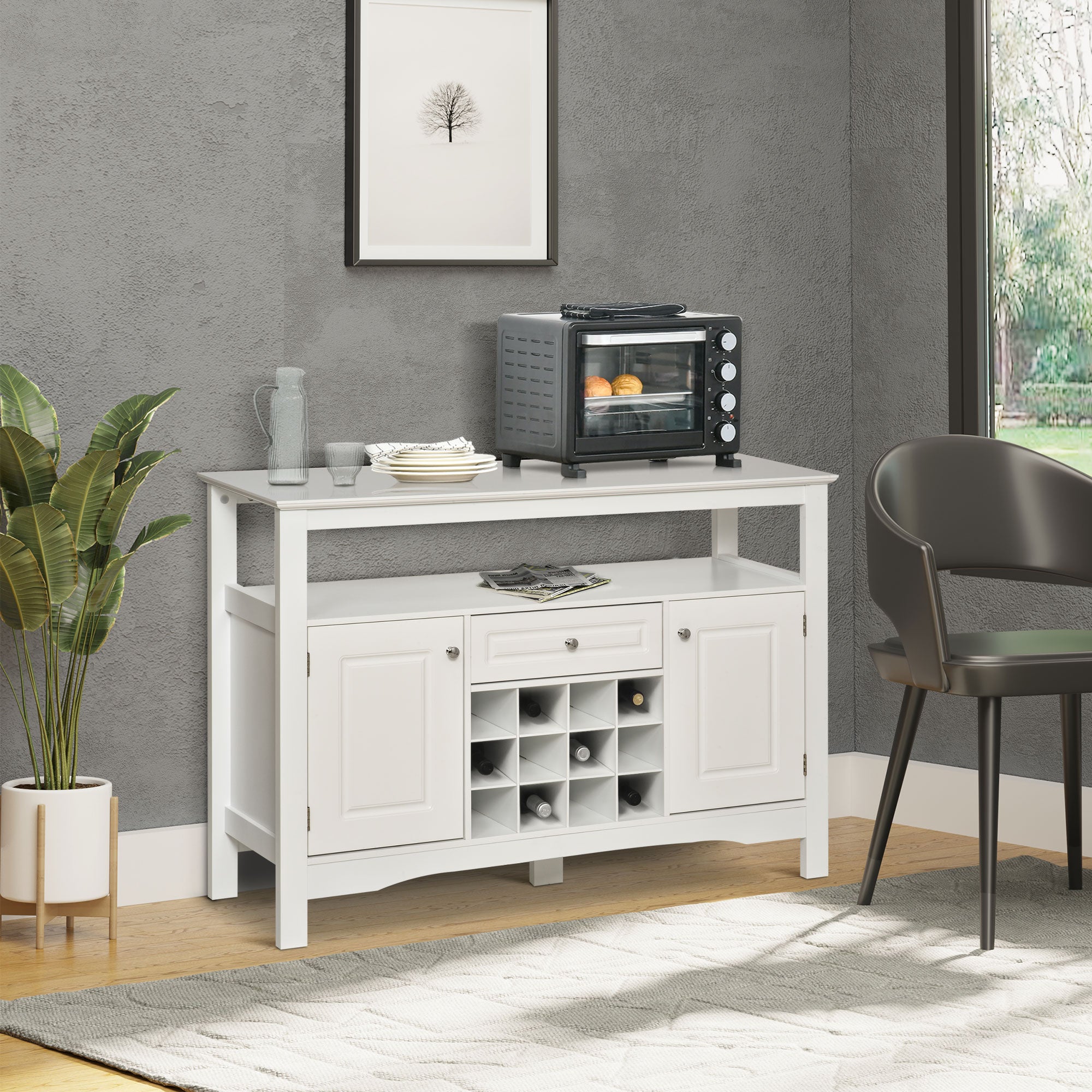 Aparador de Cozinha com 1 Gaveta e Suporte para 12 Garrafas - 116,5x40x82,5 cm - Branco