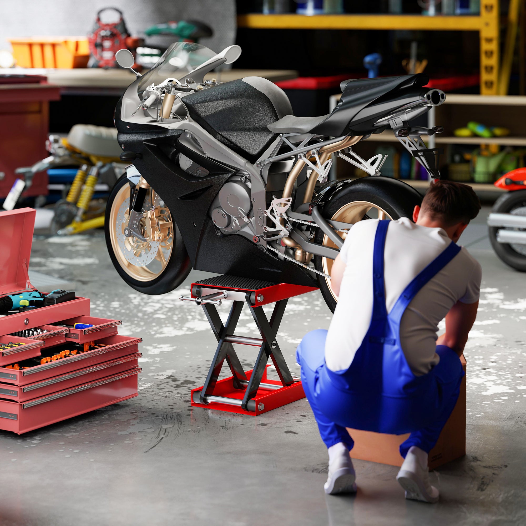 Plataforma de Elevação Tipo Tesoura com Altura Ajustável 41,5x23,5x10-37cm Preto e Vermelho