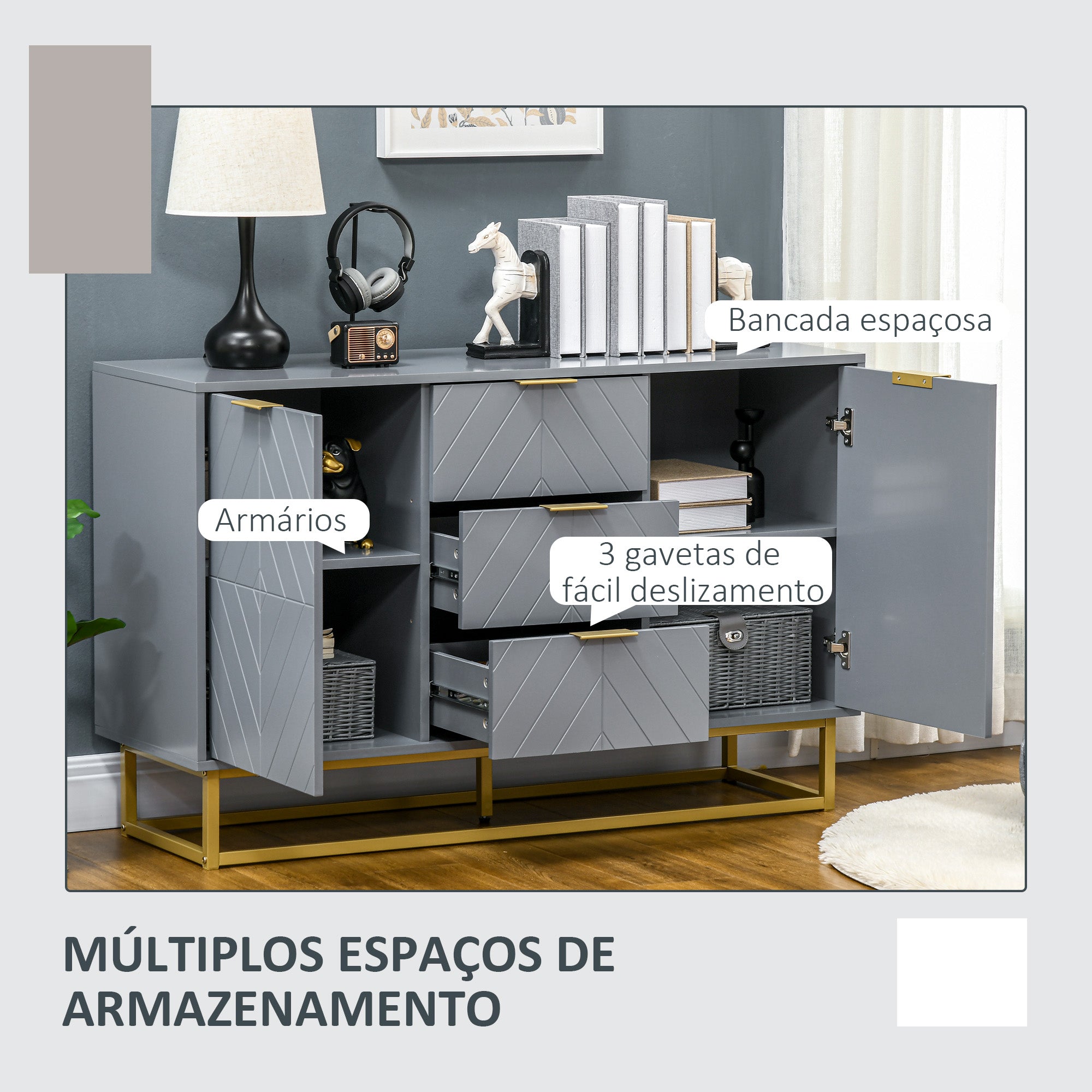 Aparador Auxiliar com 3 Gavetas e 2 Armários - 120x40x76 cm - Cinza