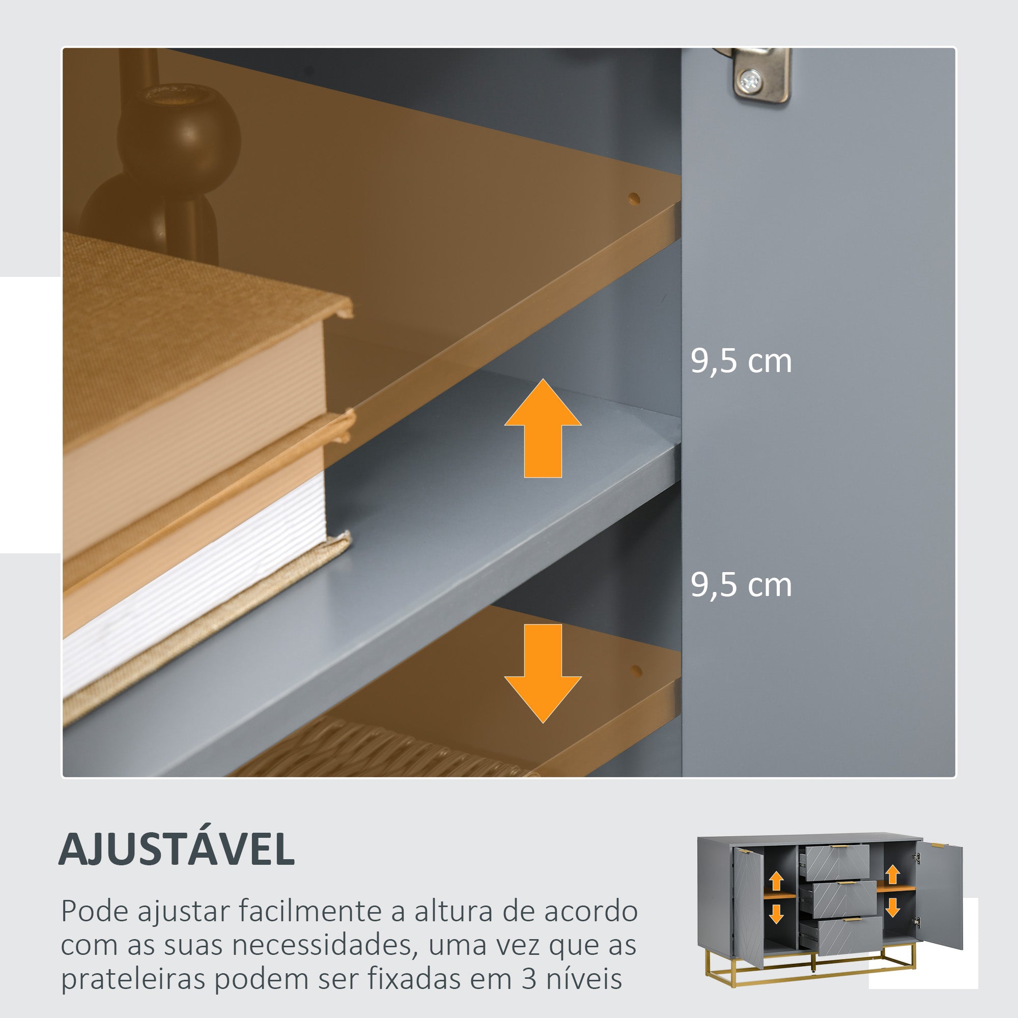 Aparador Auxiliar com 3 Gavetas e 2 Armários - 120x40x76 cm - Cinza