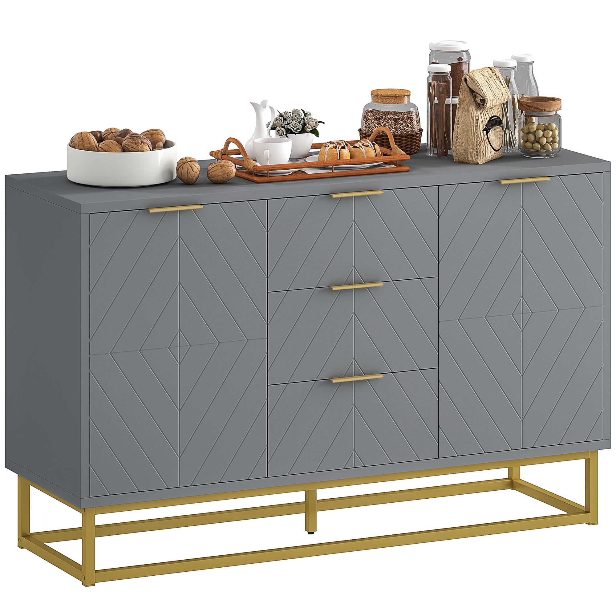 Aparador Auxiliar com 3 Gavetas e 2 Armários - 120x40x76 cm - Cinza