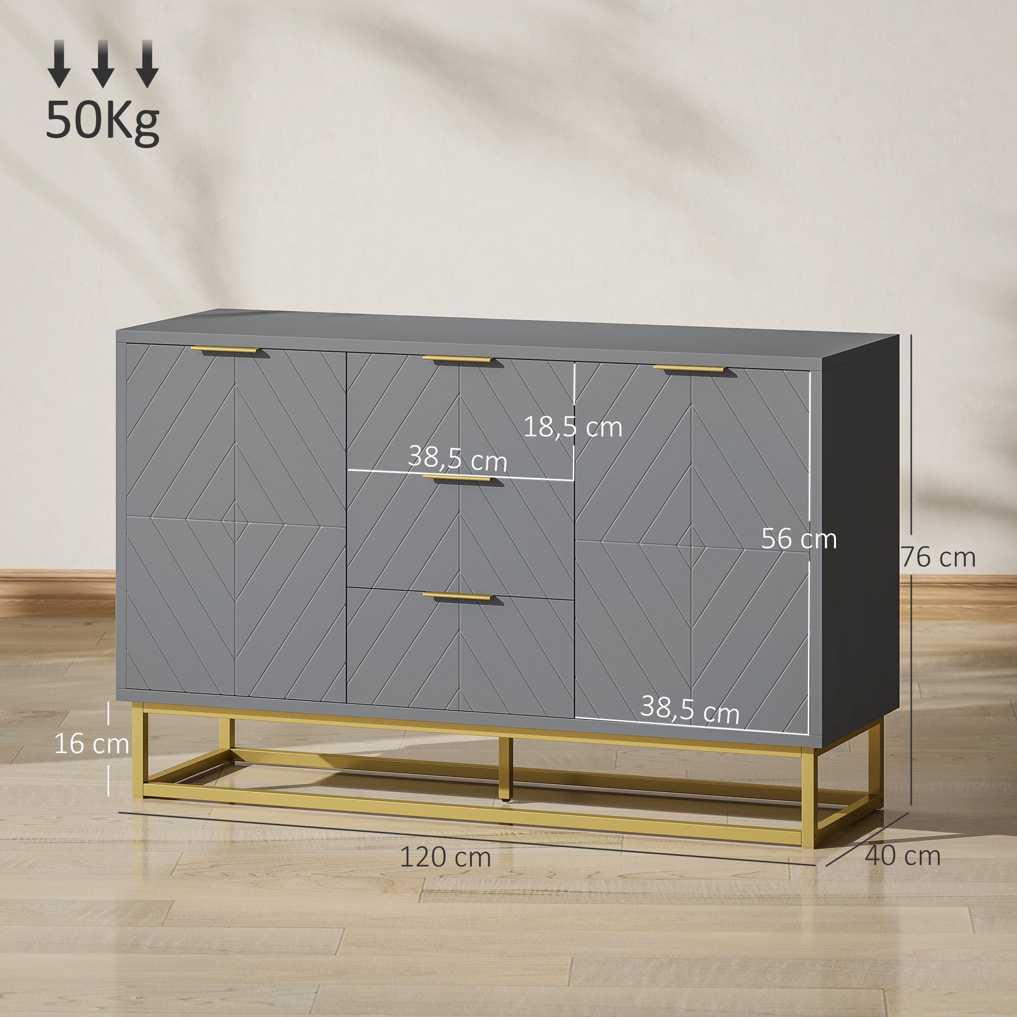 Aparador Auxiliar com 3 Gavetas e 2 Armários - 120x40x76 cm - Cinza