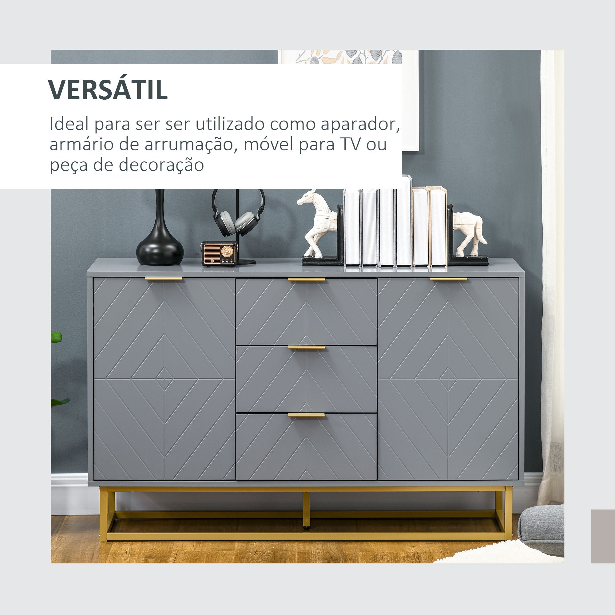 Aparador Auxiliar com 3 Gavetas e 2 Armários - 120x40x76 cm - Cinza