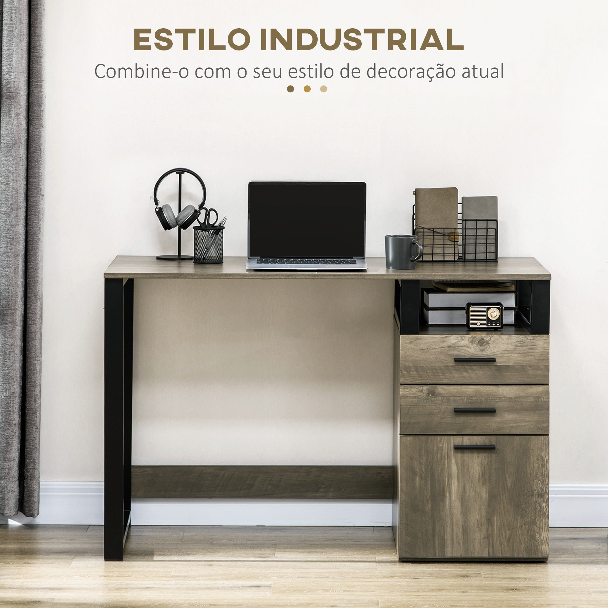 Secretária Mesa de Computador com Armário 2 Gavetas 119,5x56x76,8cm Marrom