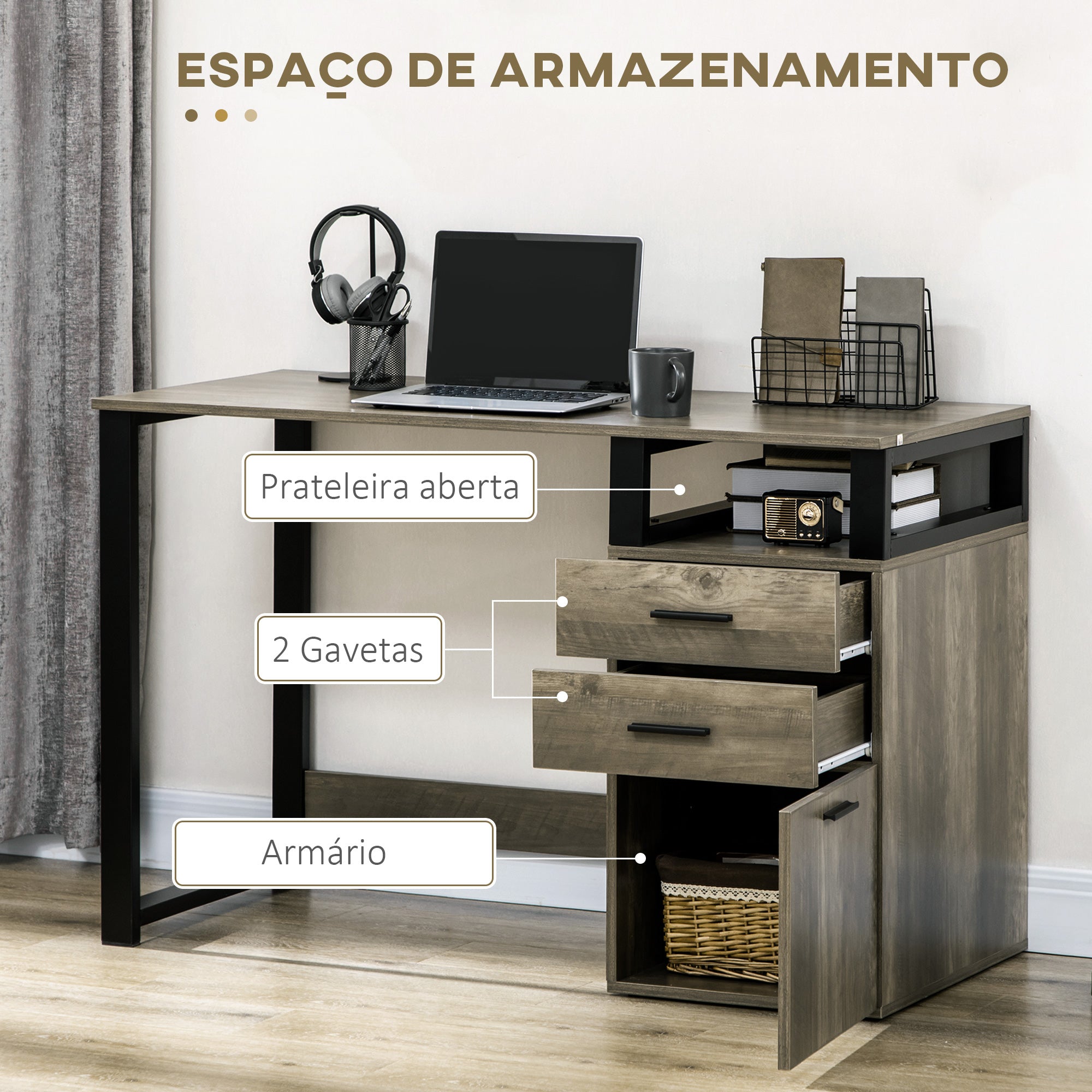 Secretária Mesa de Computador com Armário 2 Gavetas 119,5x56x76,8cm Marrom