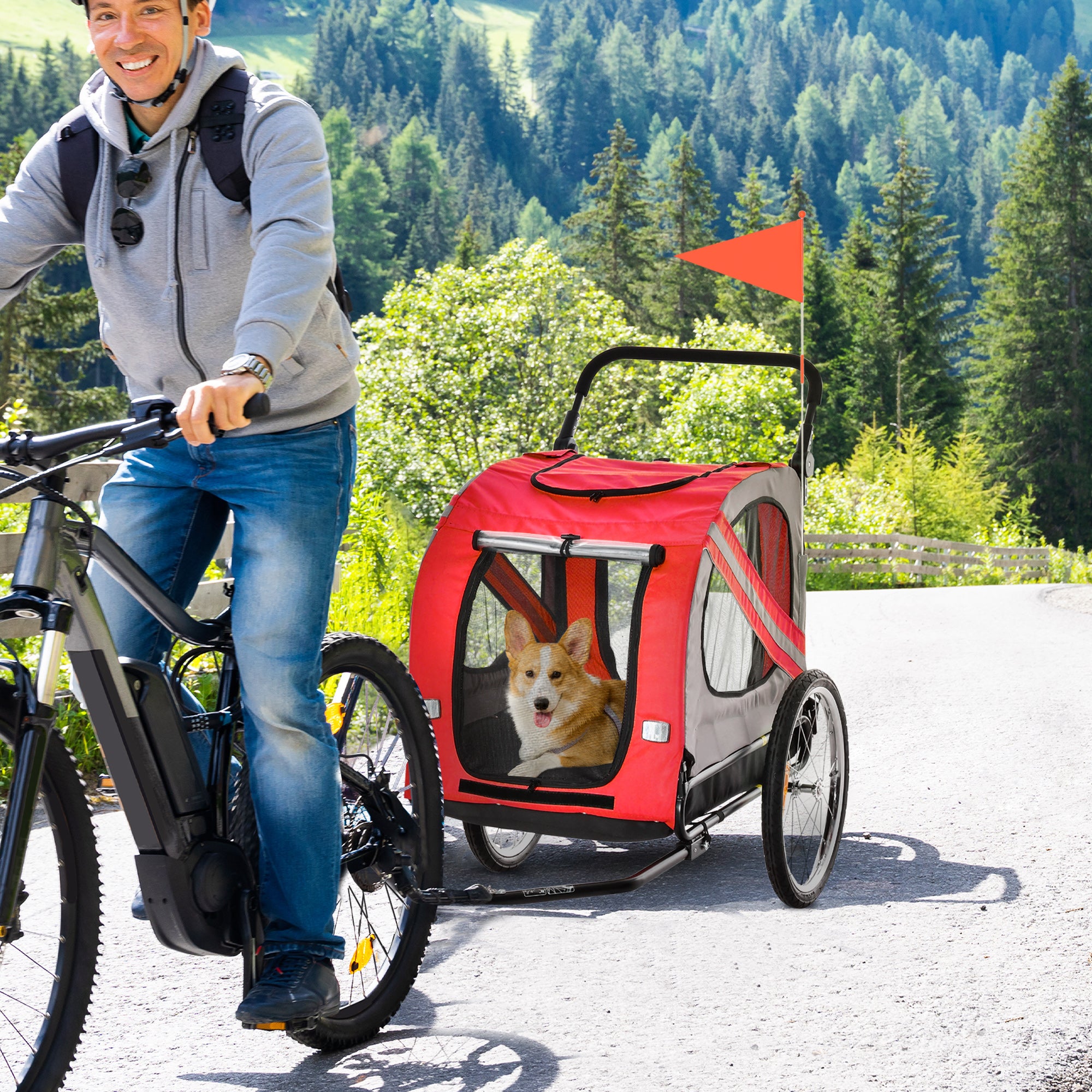 Reboque de Bicicleta para Cães 2 em 1 Vermelho 140x72,5x108 cm