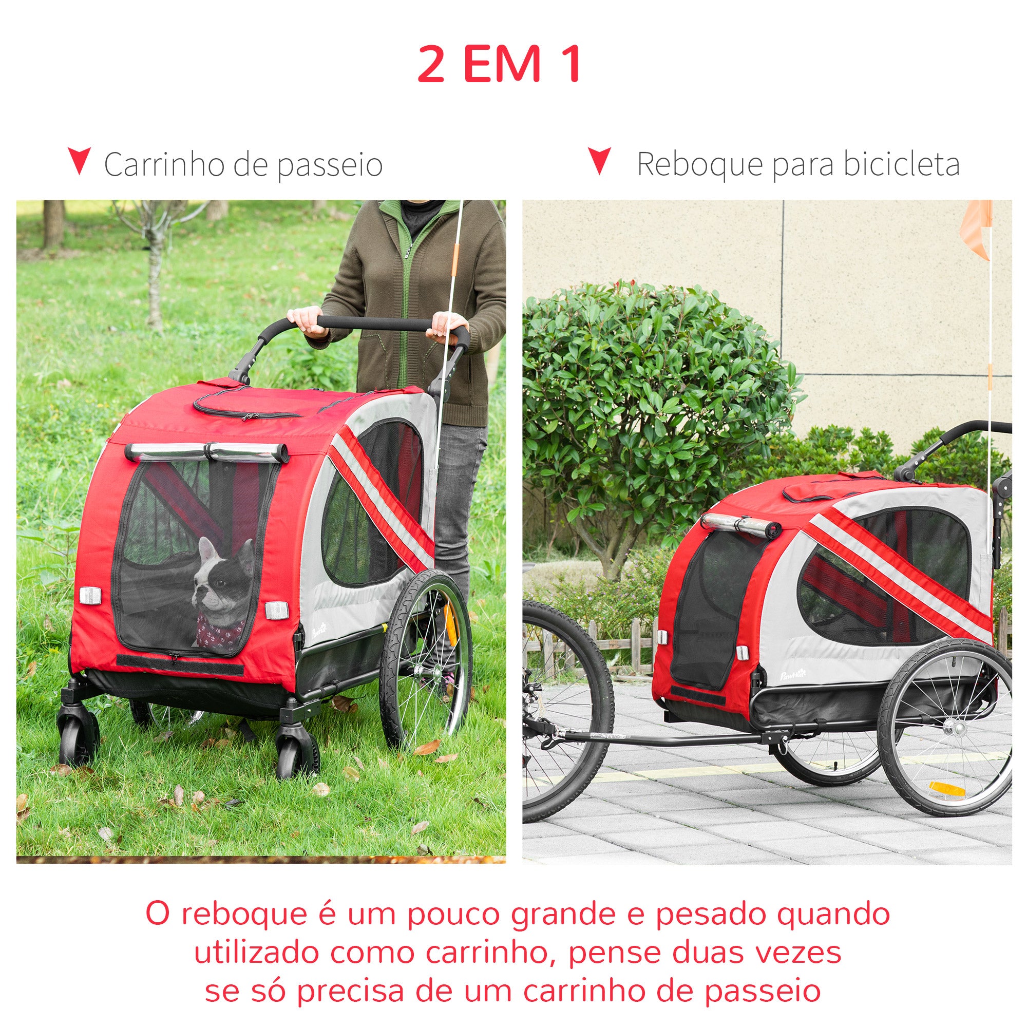 Reboque de Bicicleta para Cães 2 em 1 Vermelho 140x72,5x108 cm